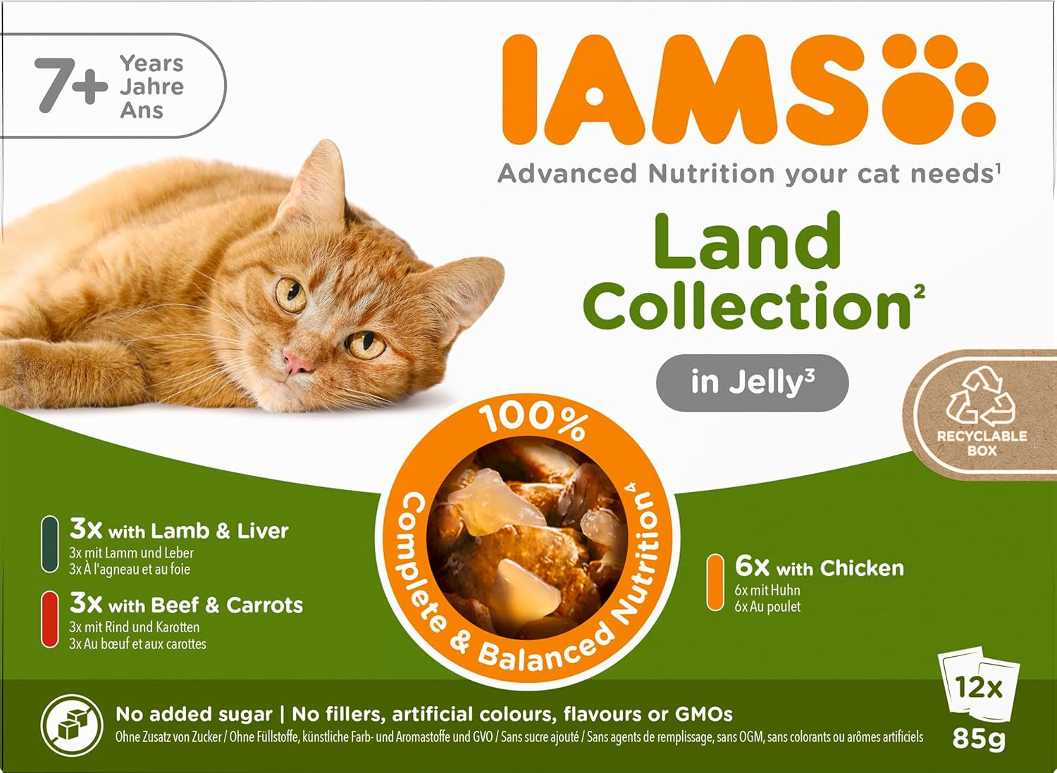 IAMS Delights Senior Cat Food Wet - Multipack cu pui și pește în sos, hrană umedă de înaltă calitate pentru pisici bătrâne de la 7 ani, 12 X 85 G