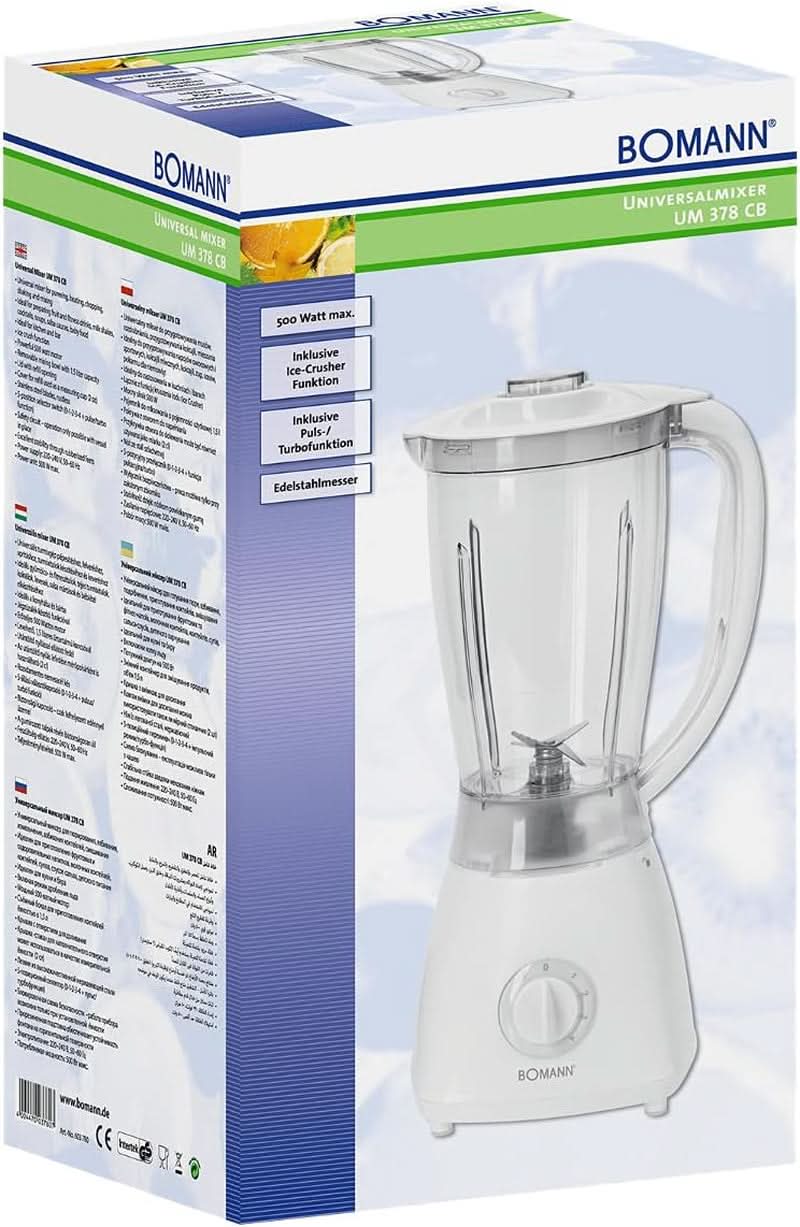 Bomann 378 CB Universalmixer Zum Pürieren, Schlagen, Zerkleinern, Shaken Und Mixen, Ice Crush-Funktion, Kraftvoller 500 Watt-Motor, Abnehmbarer Mixbehälter Mit 1.5 Liter, Edelstahlmesser, Weiß, UM 378 CB Kitchen Naty Shop