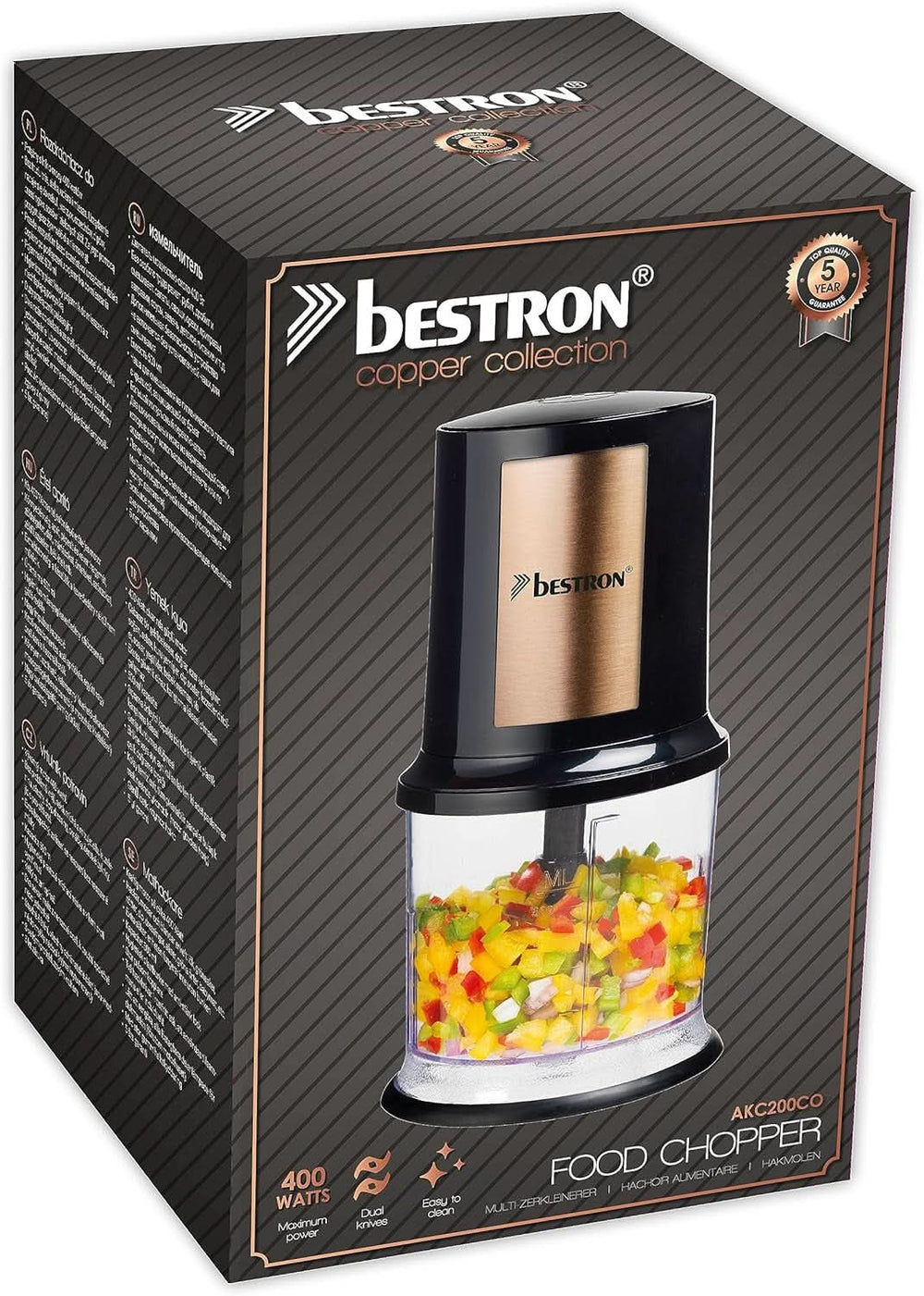 Bestron Elektrischer Multi-Zerkleinerer, Universalzerkleinerer Mit Zwei Schneidemessern & 500Ml Kapazität, Große Pulstaste, 400 Watt, Farbe: Kupfer Kitchen Naty Shop