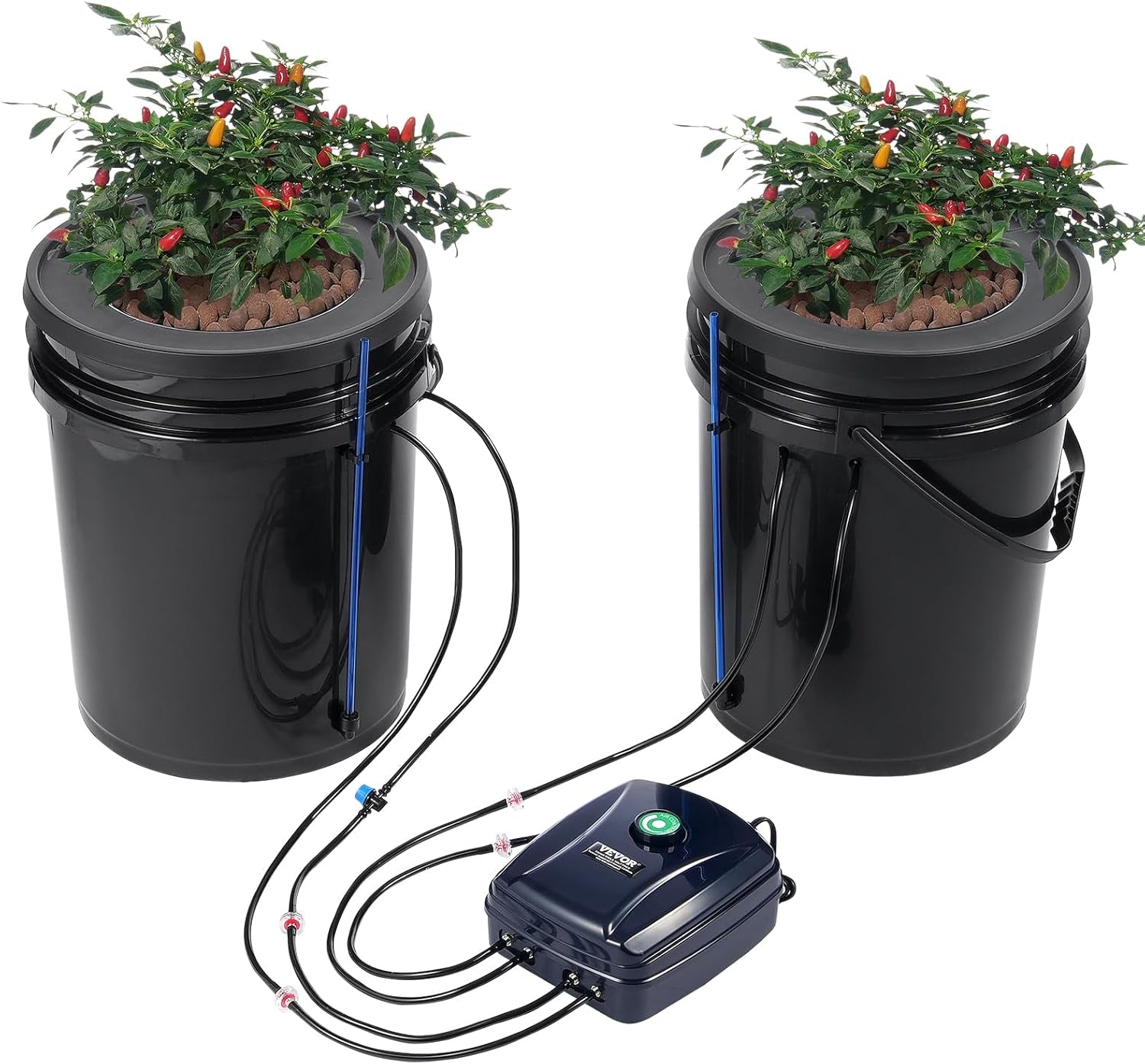 VEVOR DWC Hydroponic Grow System Drip Pot Kit Hydroponic Grow Systems Deep Water Cultivation 4 20L Buckets with Air Pump Air Stones and Water Level Indicator for Green Leaf Vegetables