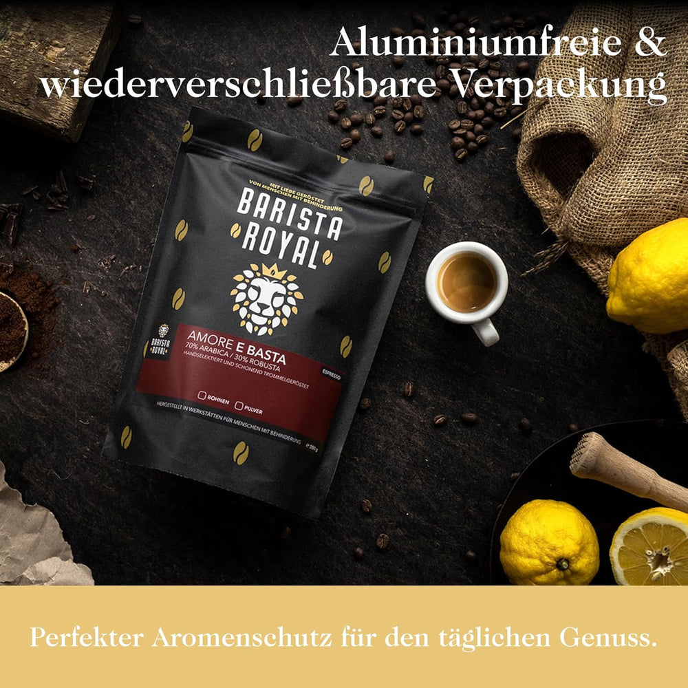 Set de mostre boabe de espresso 4 x 350g boabe de espresso | Pachet Discovery/Pachet de mostre | Robusta și Arabica | Ideal pentru aparate complet automate și portafiltru | BARISTA ROYAL