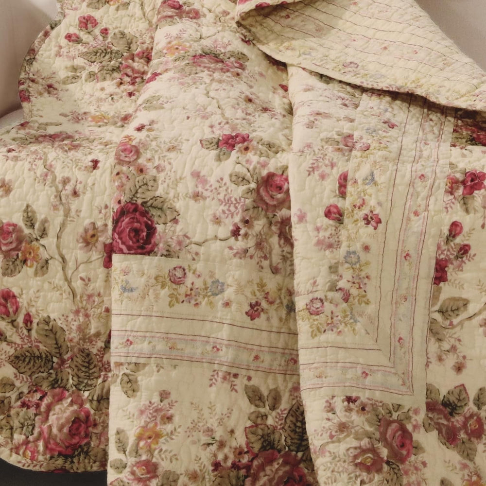 Greenland Home Antique Rose - classic, traditional floral pattern - 100% cotton, quilted, throw blanket, 127 X 152.4 cm, ecru Beds and Covers Greenland Home Fashions