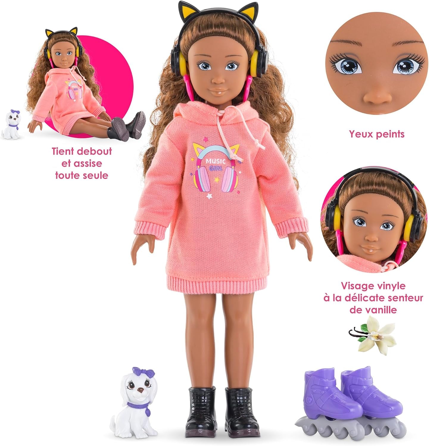 Corolle Girls Melody Music und Fashion Set, Ankleidepuppe im cool Hoodiekleid mit Hund, trendy Kopfhörer, Ohrringe und extra Inlineskates, Vanilleduft, 28cm, ab 4 Jahren
