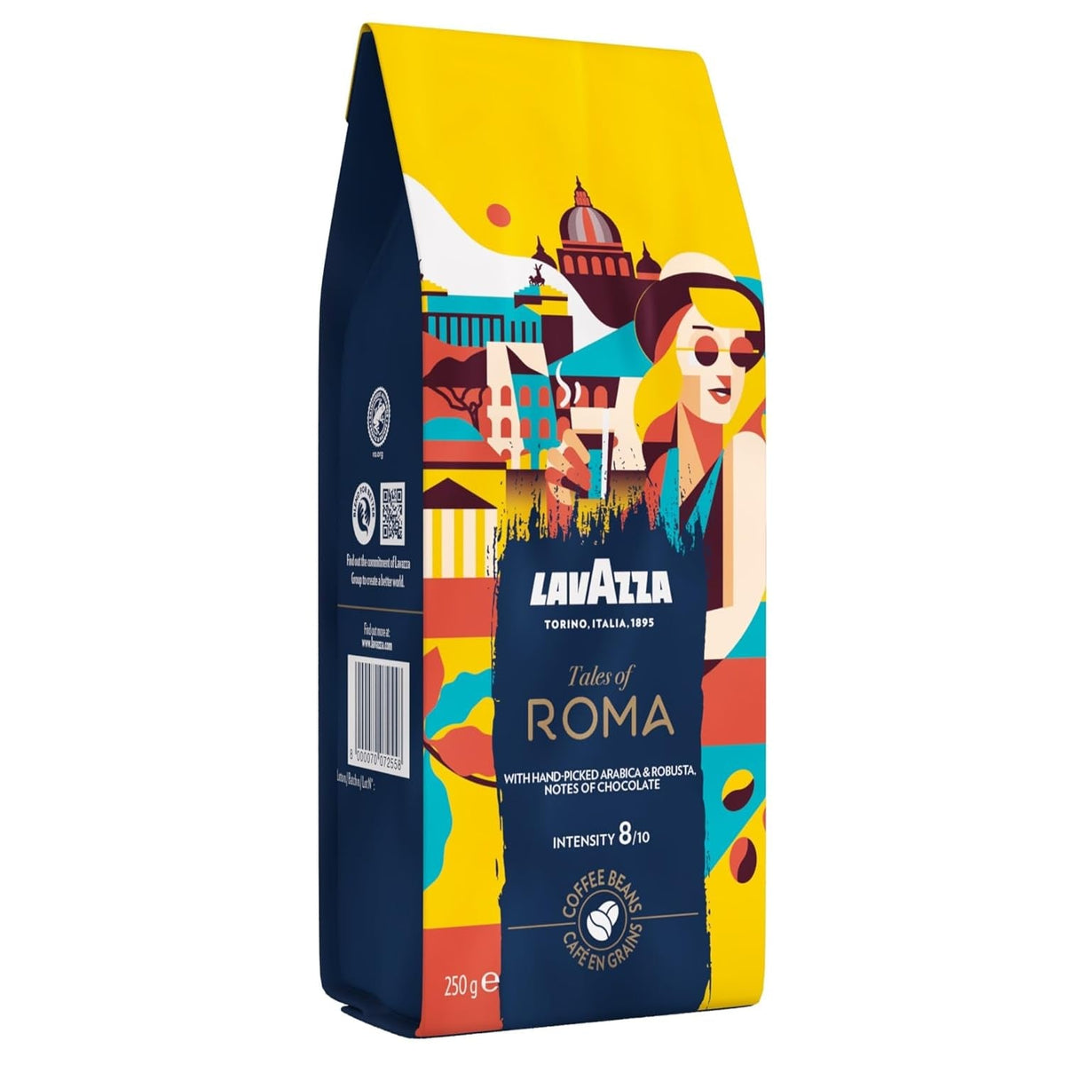 Lavazza, Tales of Roma, coffee beans, ideal for Espresso coffee machines, with aroma notes of hazelnut and dark chocolate, Arabica and Robusta, 250 grams Coffee Naty Shop 250 grams Roma