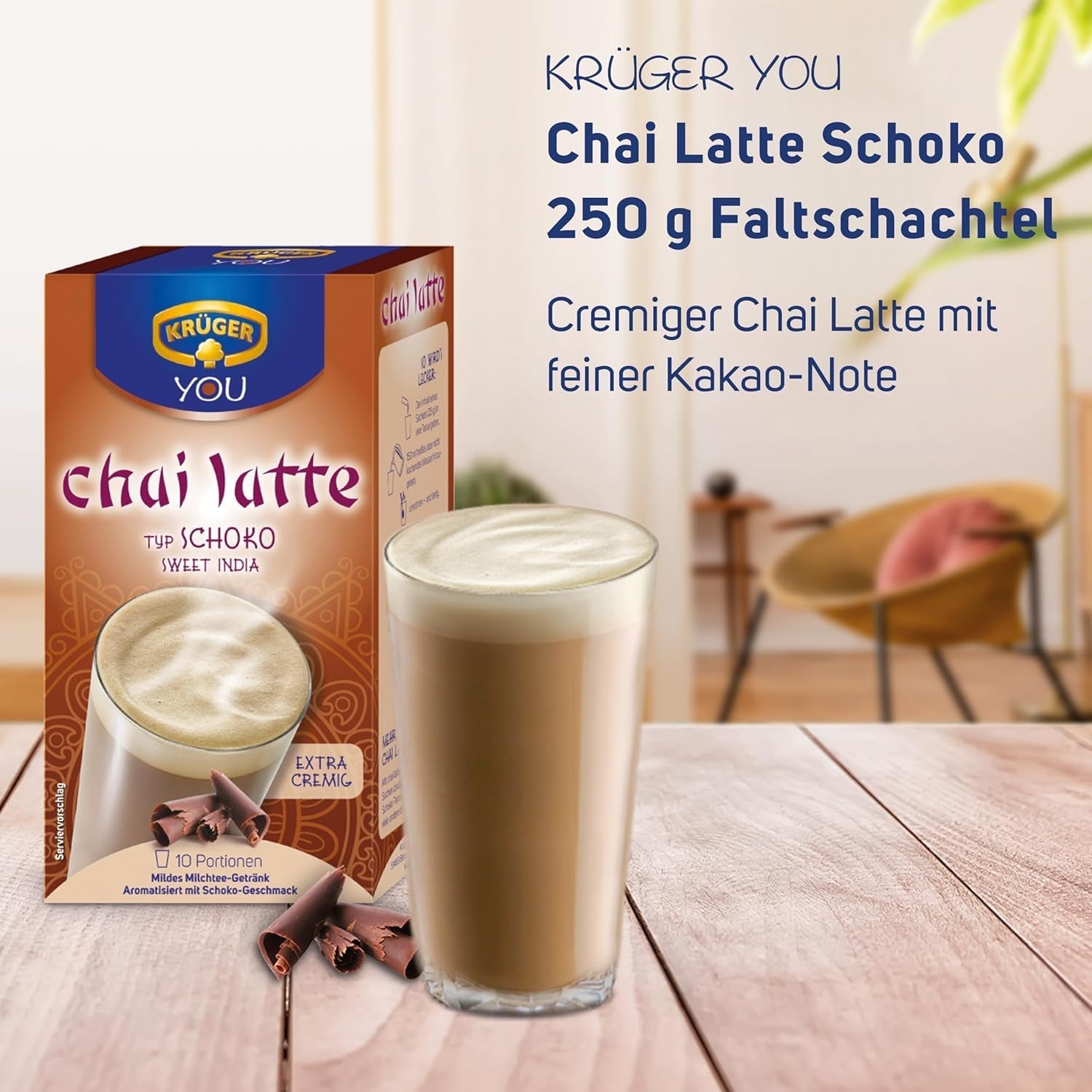 KRÜGER YOU Chai Latte Ciocolată, preparat instant pentru băuturi cu lapte, aromatizat cu ciocolată, 250 g (10 pliculețe de 25 g)