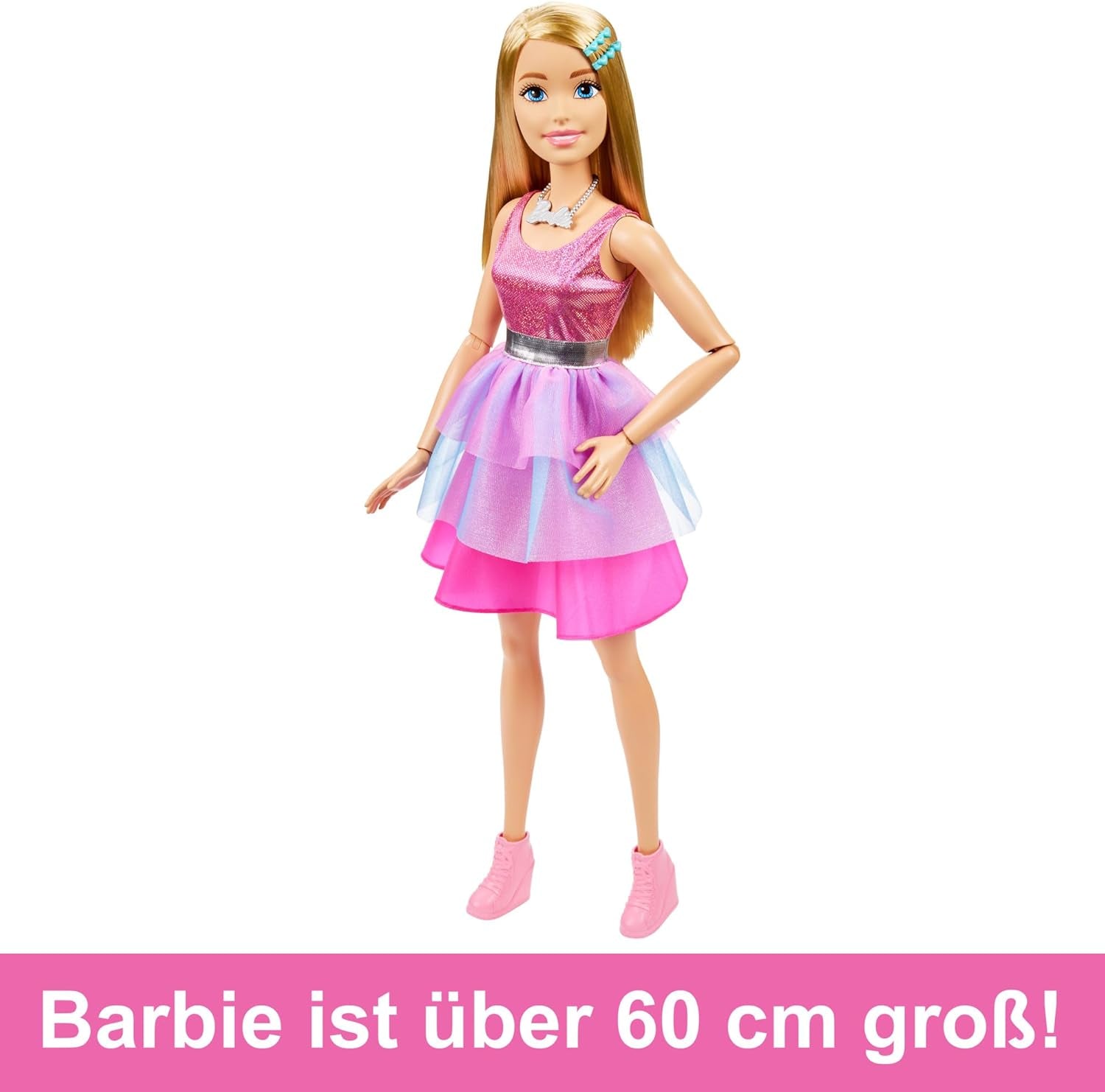Păpușă Barbie Extra Large (71 cm) - Rochie roz, păr blond cu agrafă și colier, cadou pentru copii cu vârsta de 3 ani și peste, HJY02