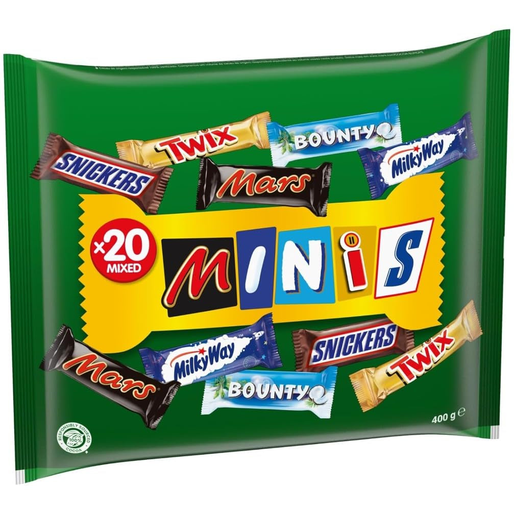 Mini Mixed Chocolate Bulk Pack, 20 Mini Chocolate Snacks (Mars, Snickers, Bounty, Twix, Milky Way), As Candy, Chocolate Gift, Candy Box, 400g
