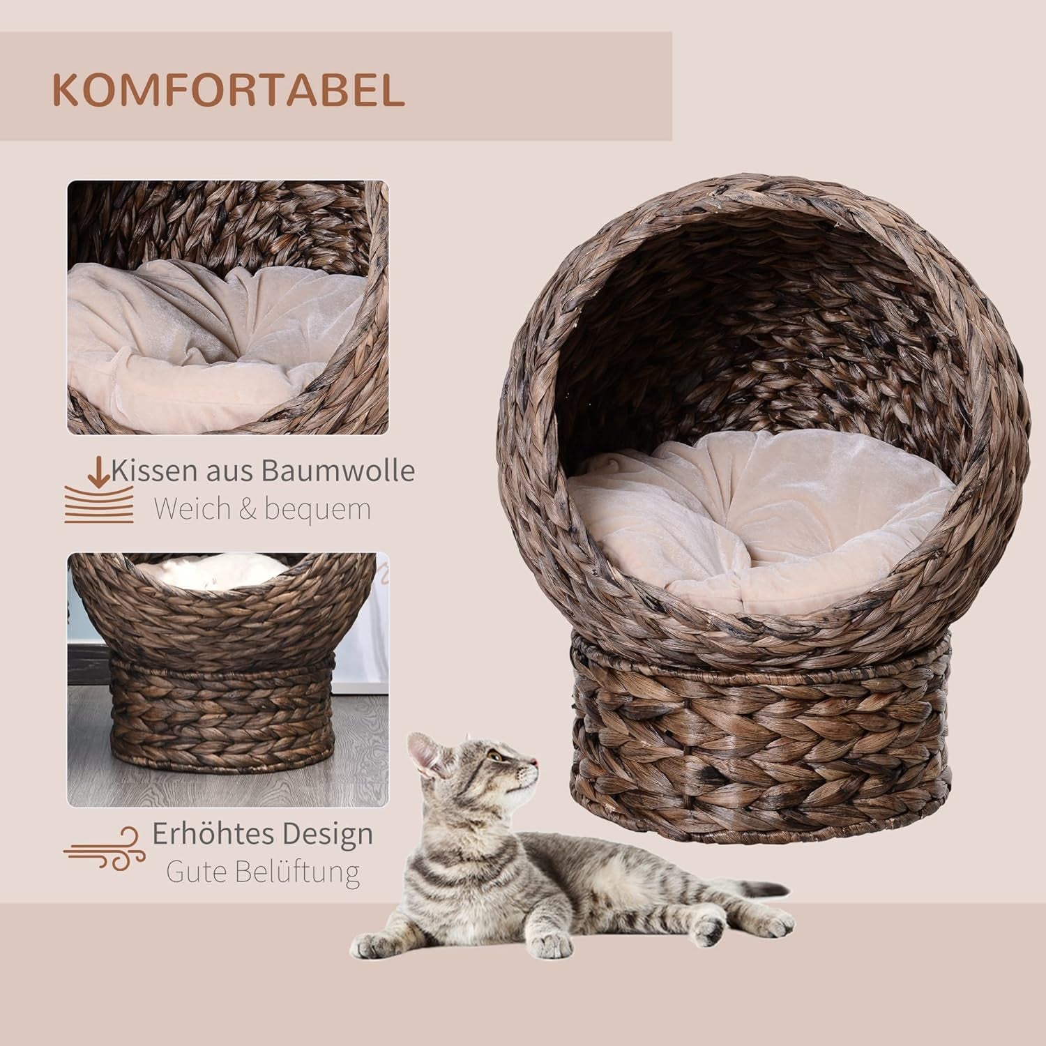 PawHut Rattan Katzenkorb Katzenhöhle Katzenhütte Katzenbett mit Kissen Haustierbett Wasserhyazinthe Kaffee 50 x 42 x 60 cm
