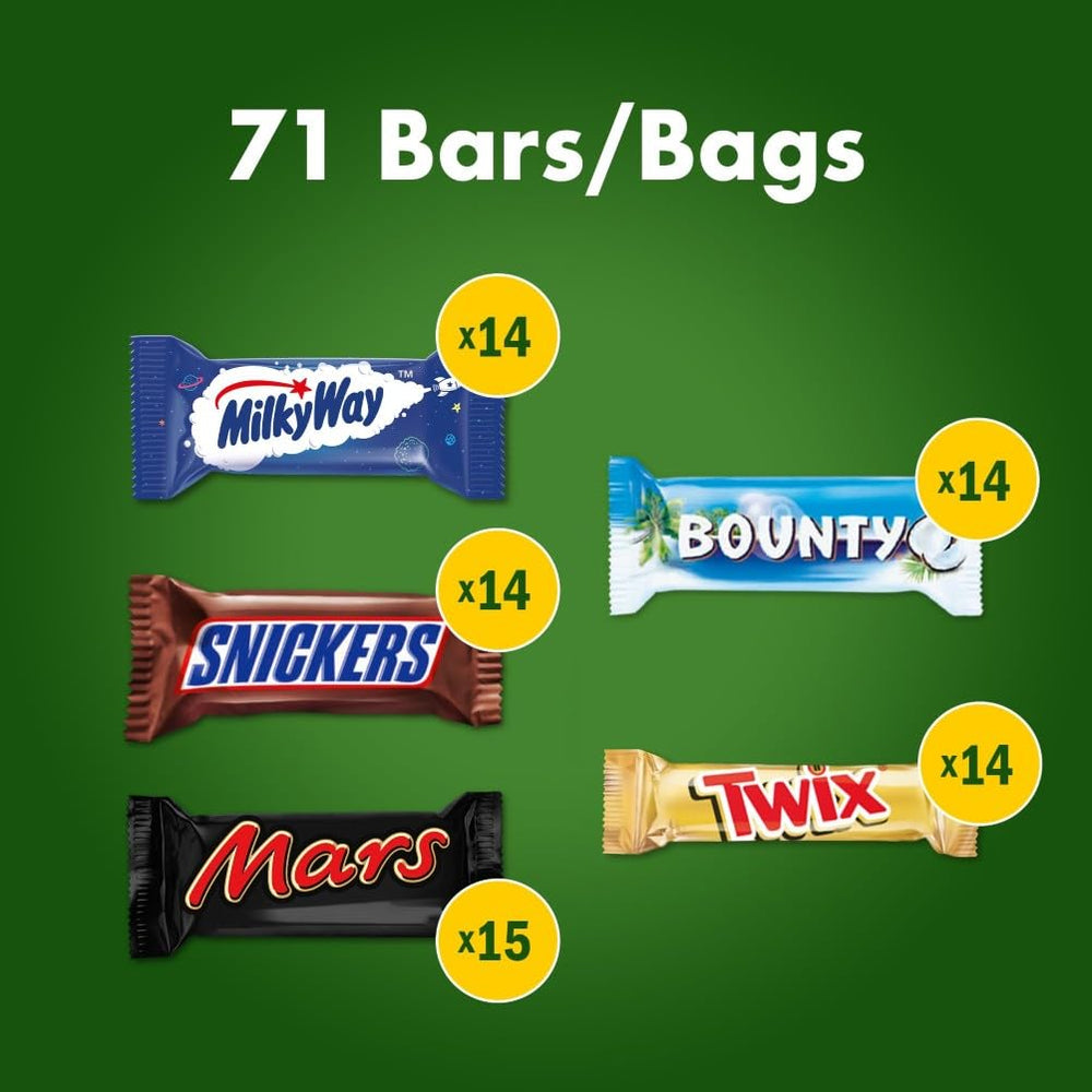 Mini chocolate mixed pack, 71 mini chocolate snacks (Mars, Snickers, Bounty, Twix, Milky Way) in the form of sweets, ideal for an American football night (1400g)