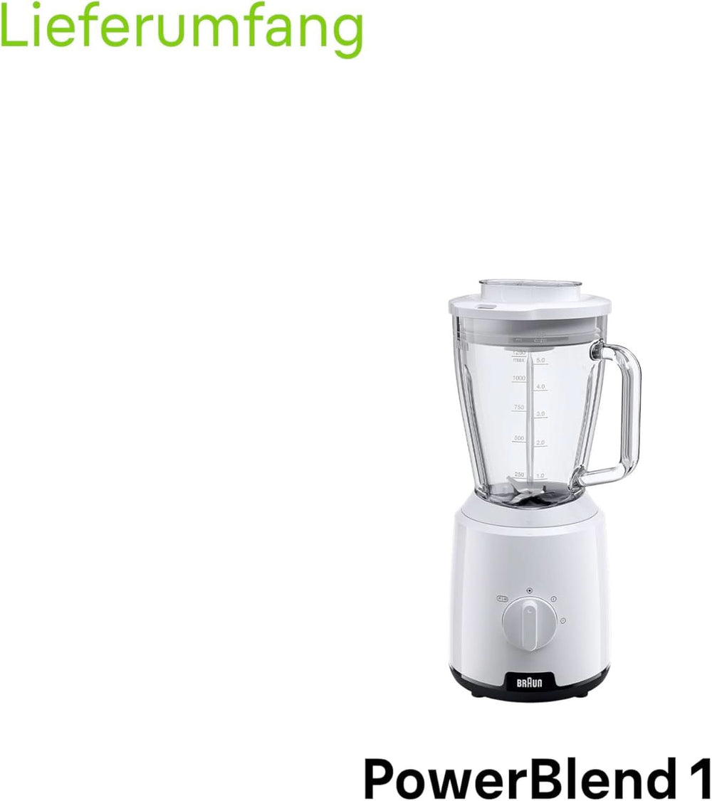 Braun Powerblend 1 JB1050WH - Standmixer Mit 1.5 L Glas-Mixaufsatz, Küchenhelfer Zum Zerkleinern, Pürieren & Mixen, Ice-Crush-Funktion, 2 Geschwindigkeiten, 600 Watt, Weiß Kitchen Naty Shop
