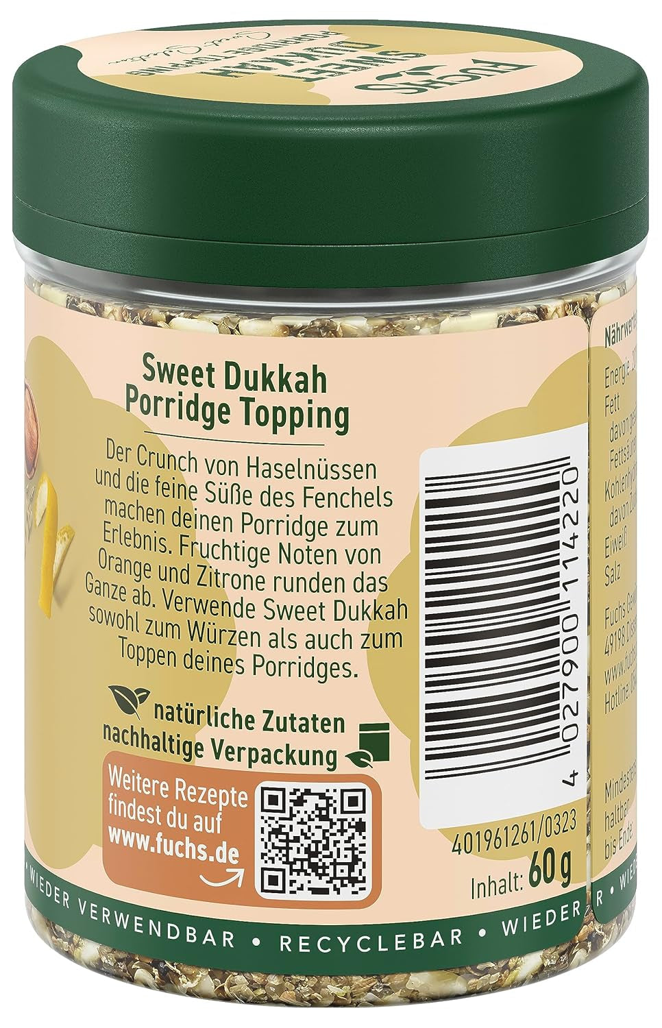 Fuchs Gewürze - Porridge Topping "Sweet Dukkah" - crunchy Topping with Haselnuss, Sesam und Mandeln für Oat-Meals - aus natürliche Ingredient - 60 g in wiederverwendbarer, recyclebarer Dose