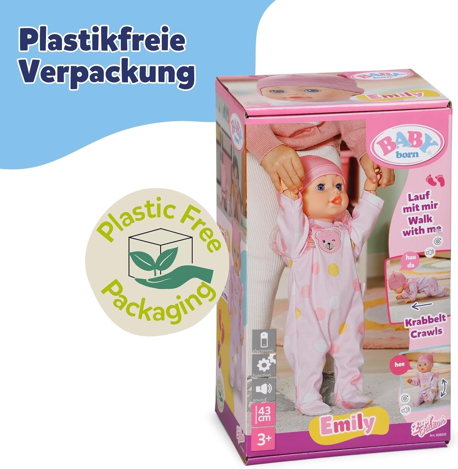 BABY Born Emily Lauf mit Mir - 43 cm Puppe mit elektronischen Funktionen - Krabbel- & Lauflernpuppe mit Soundfunktion - Inkl. rosa Strampler & Mütze - Geeignet für Kinder ab 3 Jahren