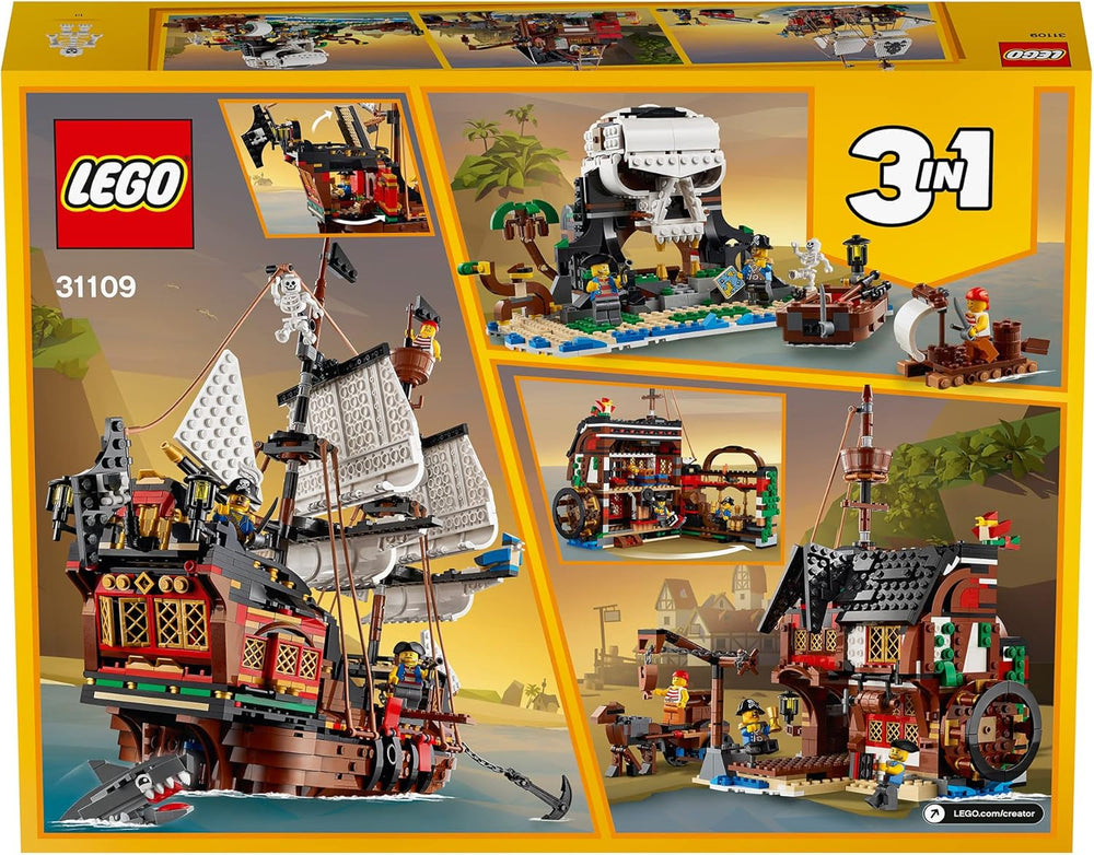 LEGO Creator 3-in-1 Pirate Ship Set, Toy with 3 Build Options, Build a Pirate Tavern or Skull Pirate Island, Includes 3 Role-playing Adventure Minifigures 31109 Building Sets Besuche den LEGO-Store