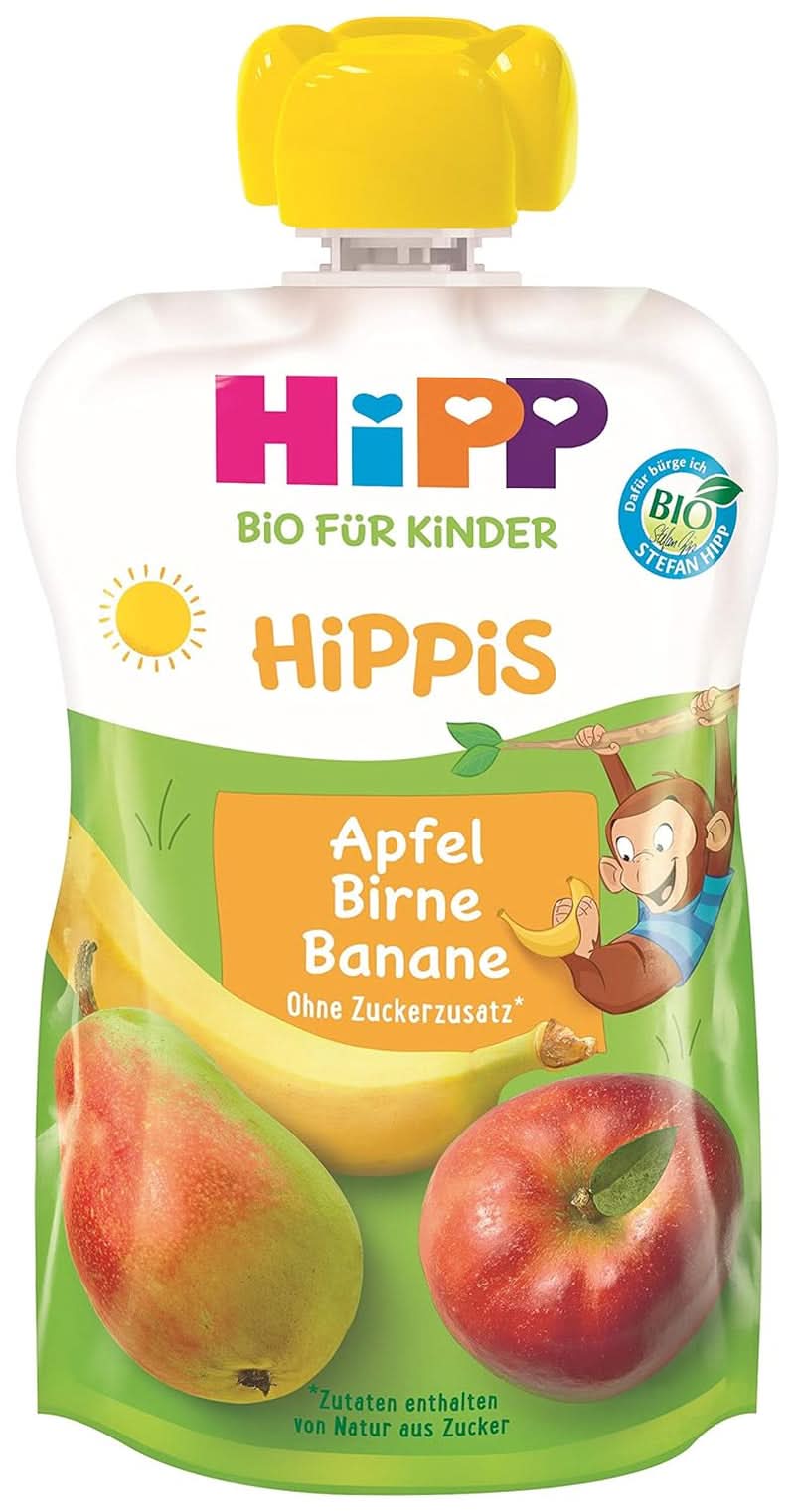 Hipp Super-Hippis squeeze bags, pomegranate acerola in apple-raspberry, 100% organic fruit without added sugar, 6 bags of 100 g Mother and Child Naty Shop 6 x 100 grams Apple-pear-banana