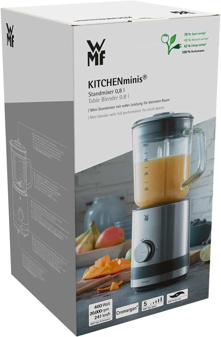 WMF Küchenminis Kompaktmixer, Mini Standmixer, 400 Watt, Standmixer Klein, Glasbehälter 0.8 L, Pulsstufe, Cromargan Matt Kitchen Naty Shop
