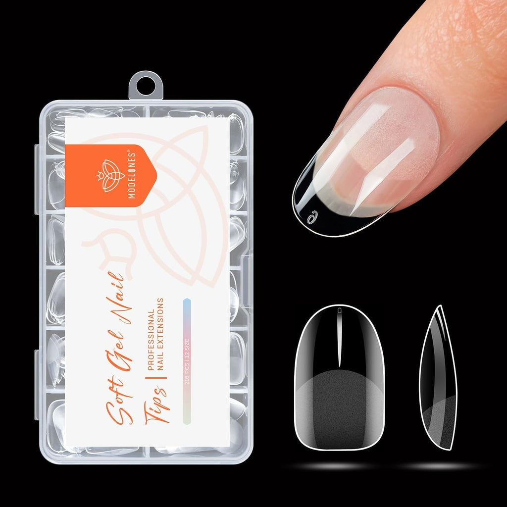 Modelones Tips Unghii 216 Piese - Set Tips Unghii Acoperire Completă, Set Tips Gel Moale, Tips Unghii Rășină PMMA Pre-Lustruire, Unghii Artificiale pentru Lipire pe Nail Art DIY, Migdale Scurte XS
