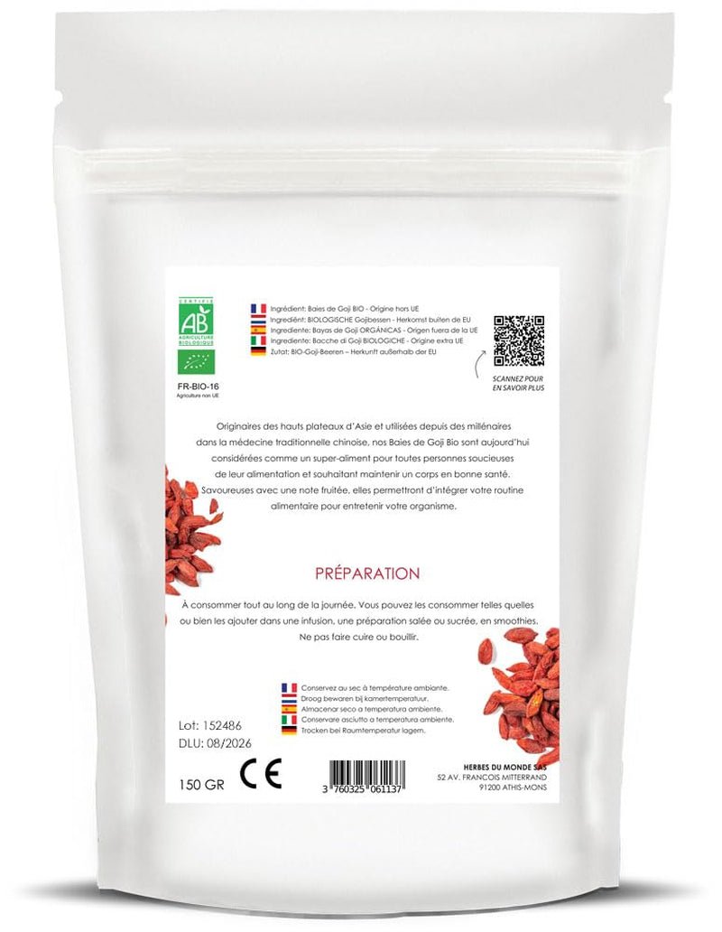 - Boabe goji organice de calitate superioară - Fructe uscate de la Super Fruit - Superalimente suculente de ronțăit - Netratate și ușor uscate - 1 pungă de 150 g AB-certificat Produse deshidratate Naty Shop