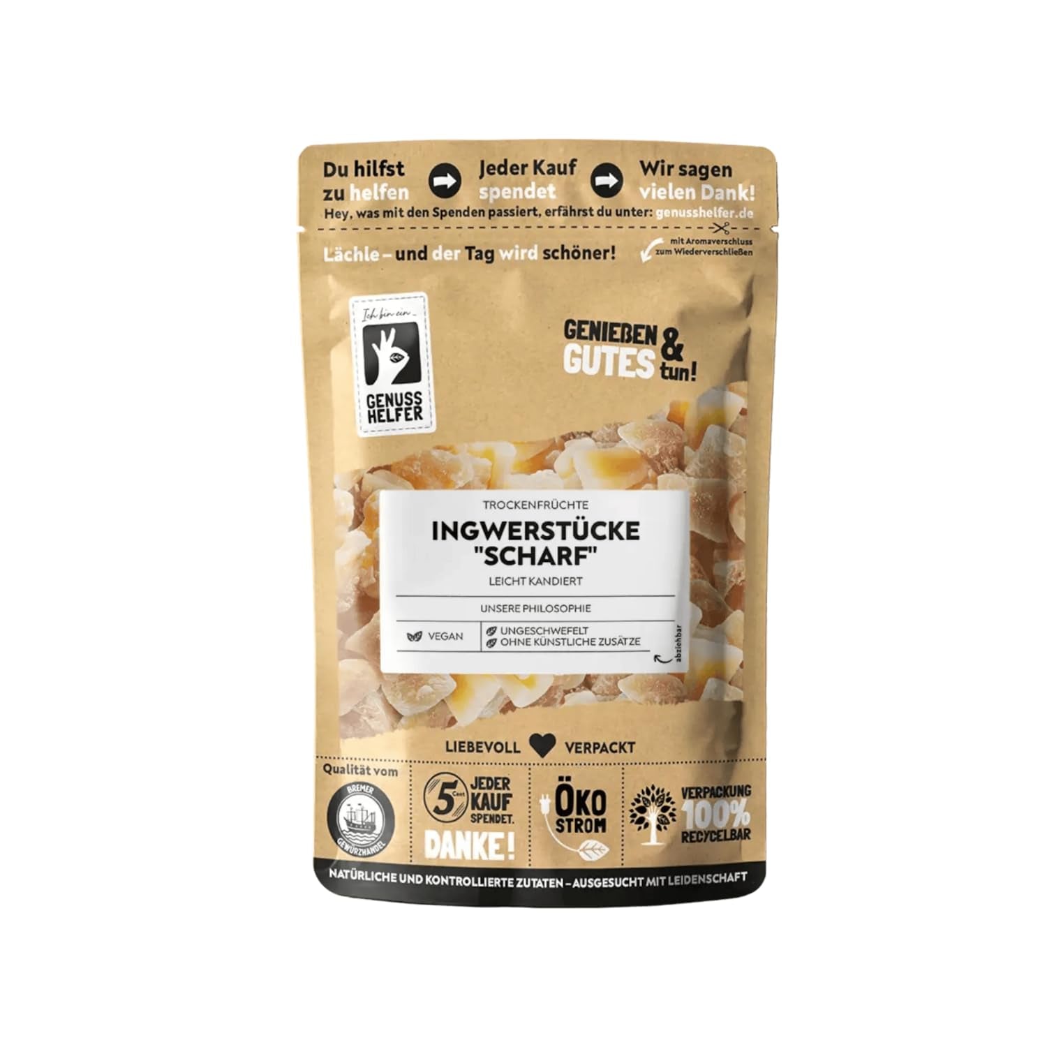 Bremer Gewürzhandel ghimbir, bucăți de fructe uscate condimentate, aromate, picante, nesulfurate, 1kg Produse deshidratate Naty Shop 600 G