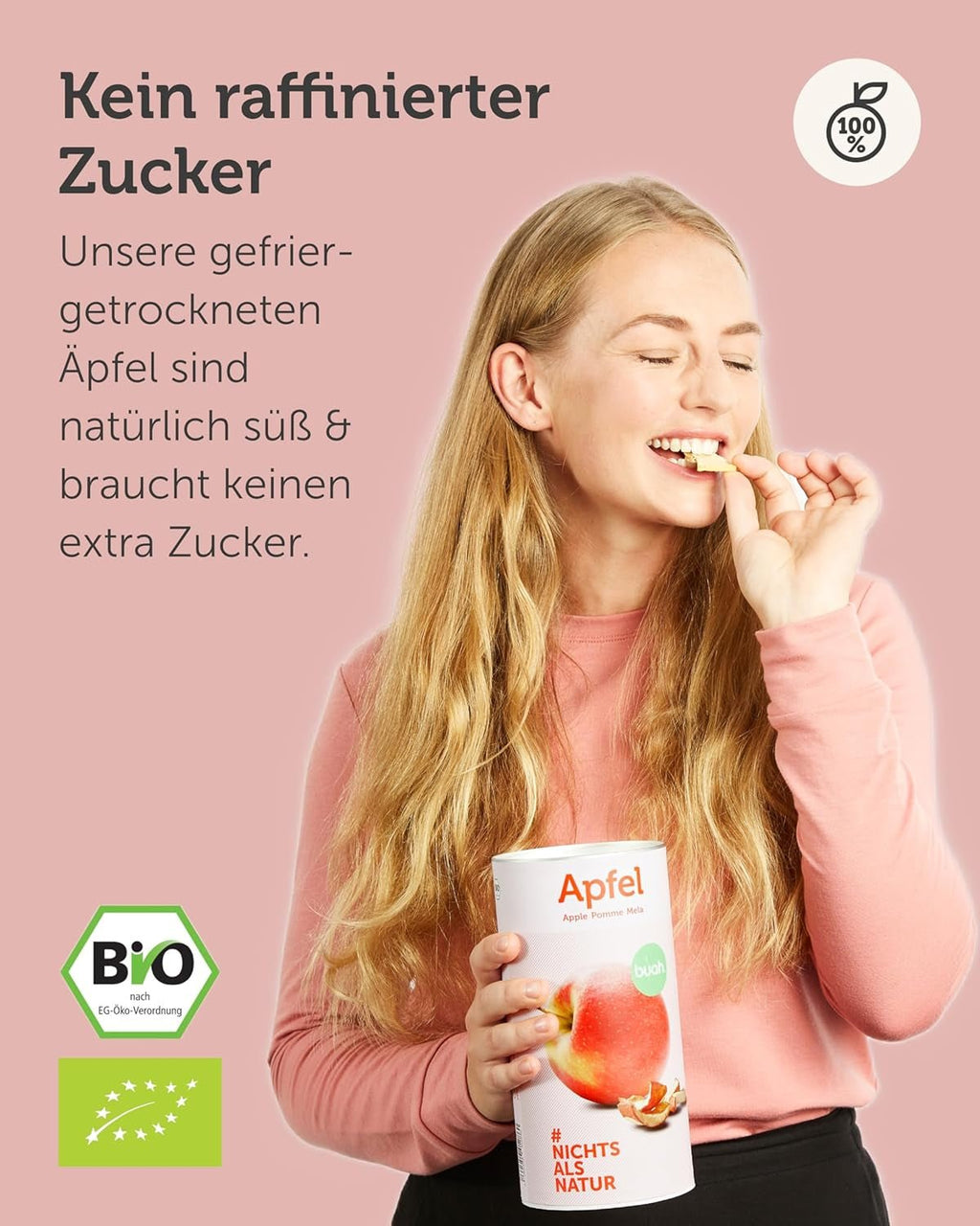 BUAH® Mere organice liofilizate | Mere organice liofilizate fără zahăr adăugat | 100% fructe liofilizate (vegan fără gluten fără lactoză) | Gustare ideală (110g) Produse deshidratate Naty Shop