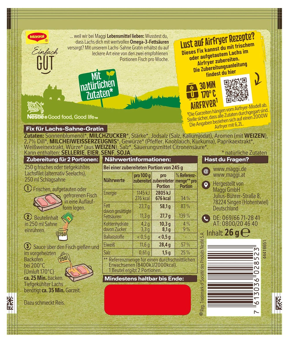 MAGGI Fix für Lachs-Sahne Gratin, Würzmischung, mit natürliche Ingredient*, für 2 Portionen, 1er Pack (1 x 26g)