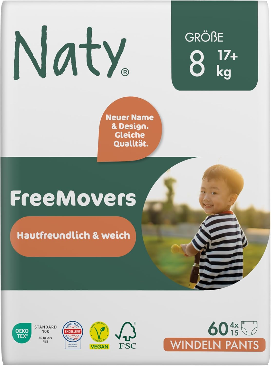 Naty FreeMovers Baby Diapers | Certified Skin Friendly Diaper Covers | Soft and fragrance free | Absorbent and leak-proof | Dermatologically tested Size 5 (12–18 kg) | 80 pieces