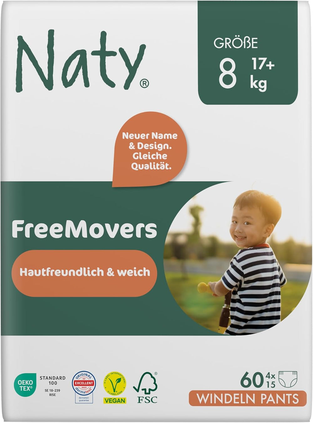 Naty FreeMovers Baby Diapers | Certified Skin Friendly Diaper Covers | Soft and fragrance free | Absorbent and leak-proof | Dermatologically tested Size 5 (12–18 kg) | 80 pieces