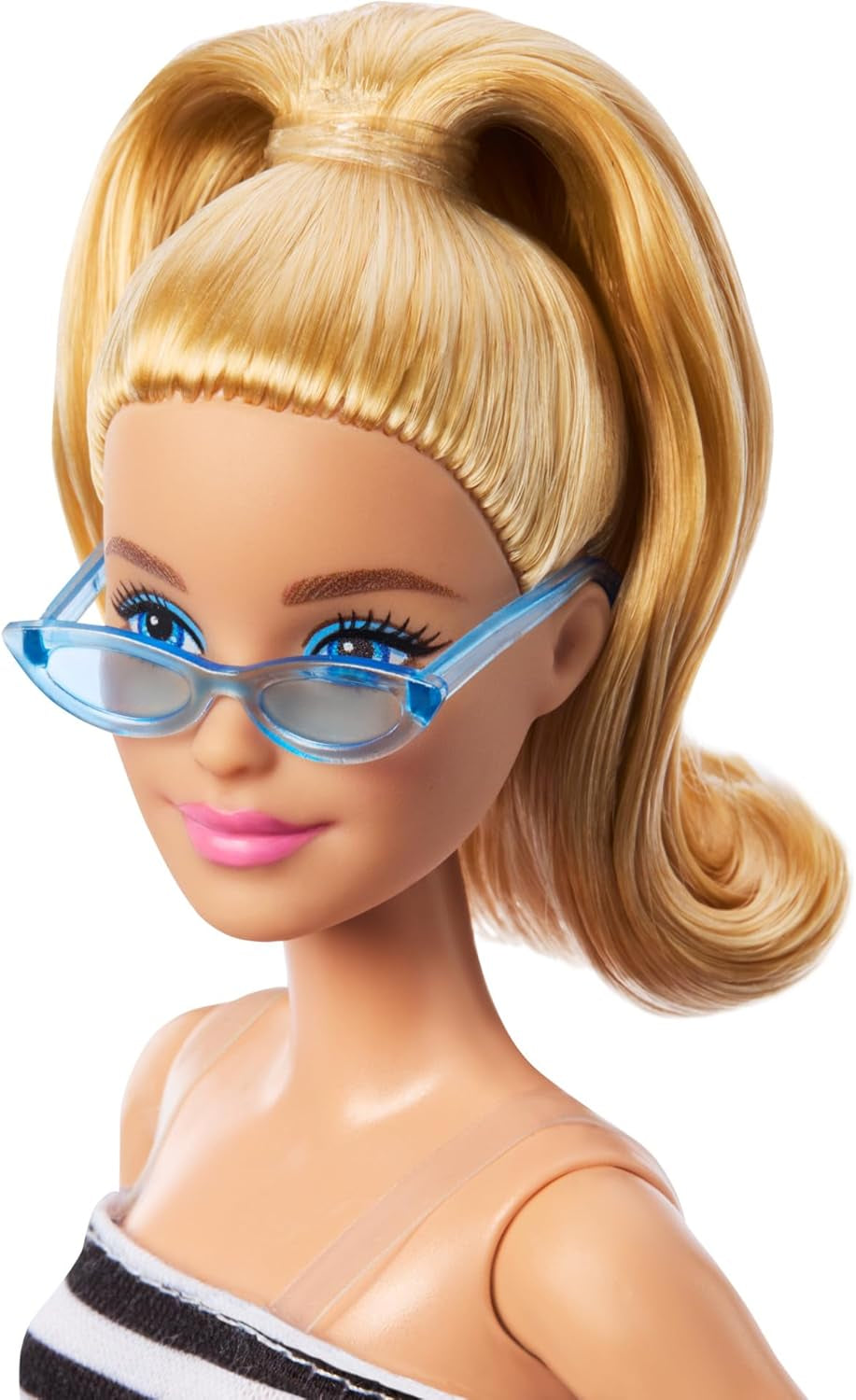 Păpușa Barbie Fashionistas nr. 213, blondă cu top în dungi, fustă roz și ochelari de soare, păpușă de modă de colecționat cu ocazia celei de-a 65-a aniversări, HRH11 Papusi Naty Shop