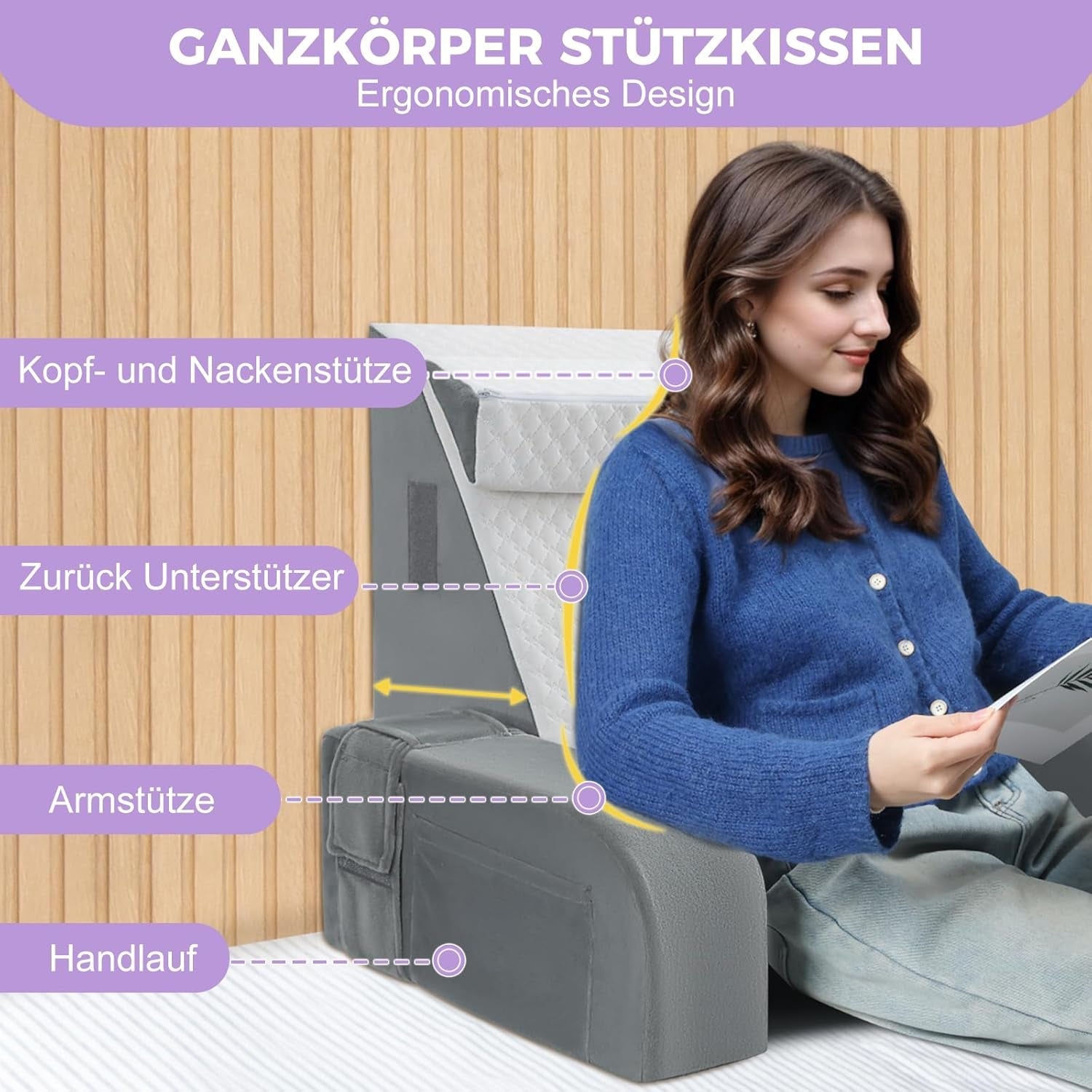 Pernă mare de citit cu bară de mâner, spumă de înaltă densitate, pernă ergonomică pentru spate, cotiere, suport pentru gât și tetieră, pernă de șezut cu reflux pentru dormit, joacă, vizionarea la televizor, pentru pat și canapea