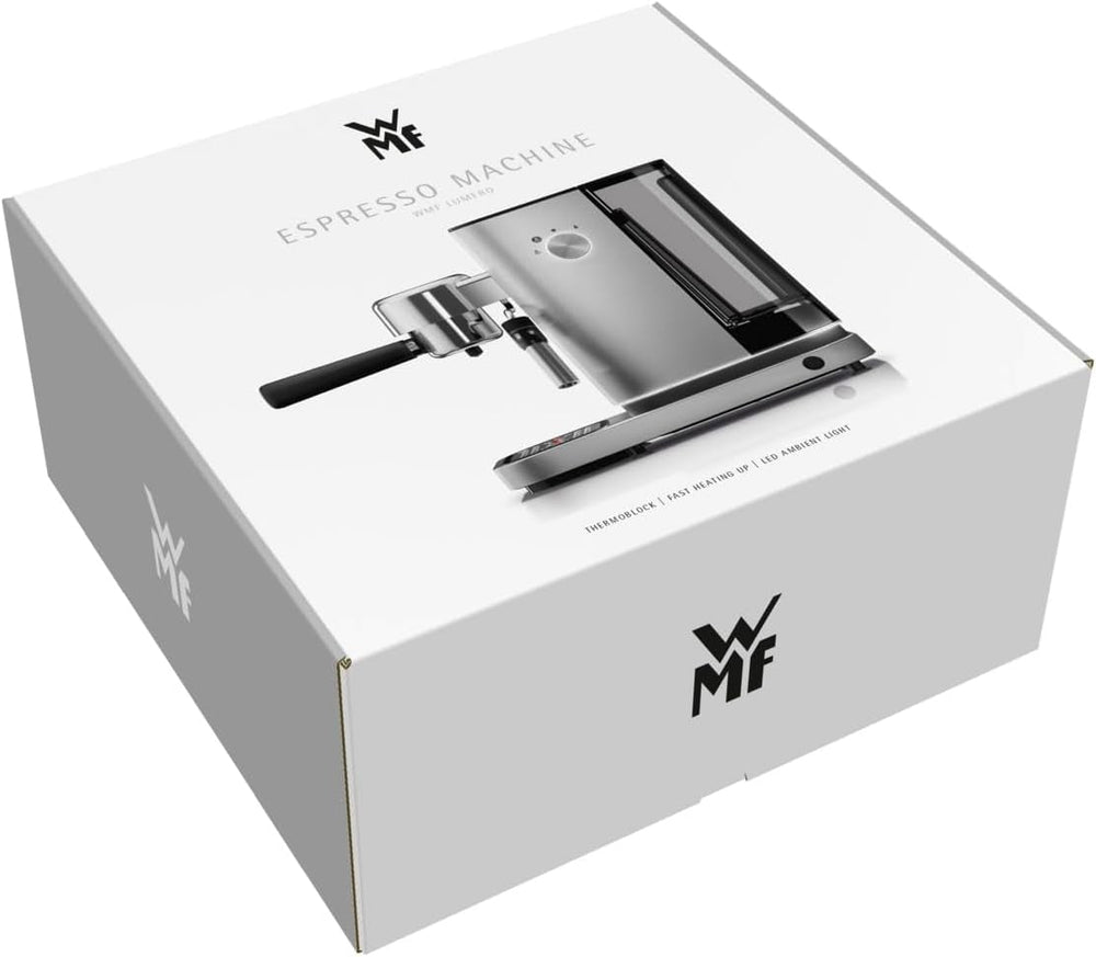 Espressor WMF Lumero, portafiltru, 1400 wați, portafiltru, 3 inserții, pentru 1-2 cești de espresso, inclusiv pentru capsule, 15 bar, suport pentru cești, spumator de lapte, oțel inoxidabil mat