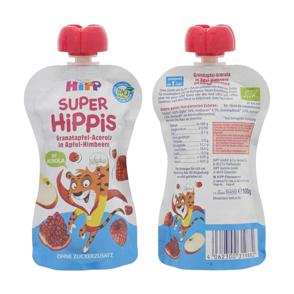 Hipp Super-Hippis squeeze bags, pomegranate acerola in apple-raspberry, 100% organic fruit without added sugar, 6 bags of 100 g Mother and Child Naty Shop