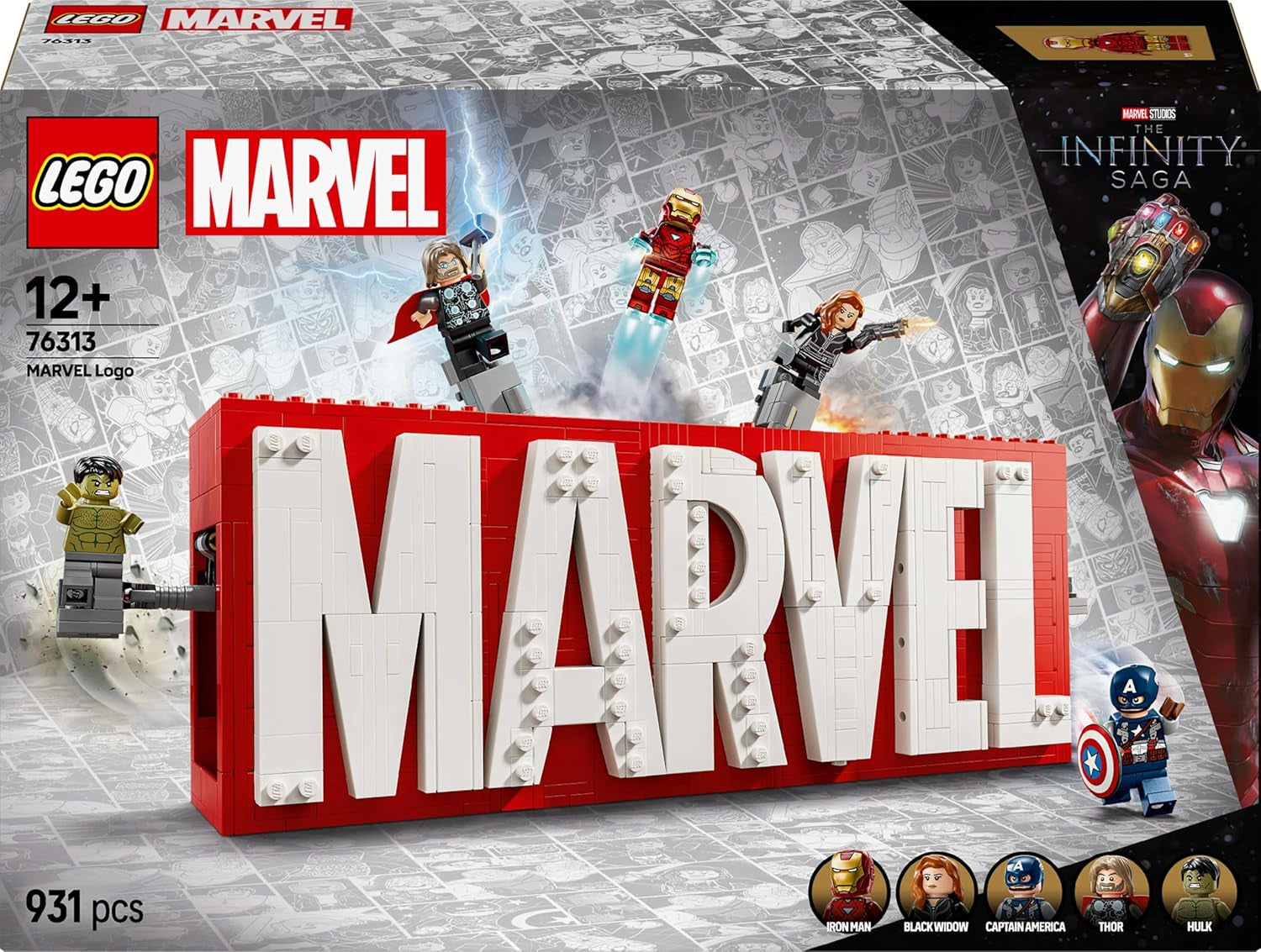 LEGO Marvel: Marvel logo and minifigures - Hulk, Thor, Iron Man, Black Widow and Captain America collection set - Avengers figure building set - Gift for boys and girls 12 years and up 76313 Building sets Beuche den LEGO-Store