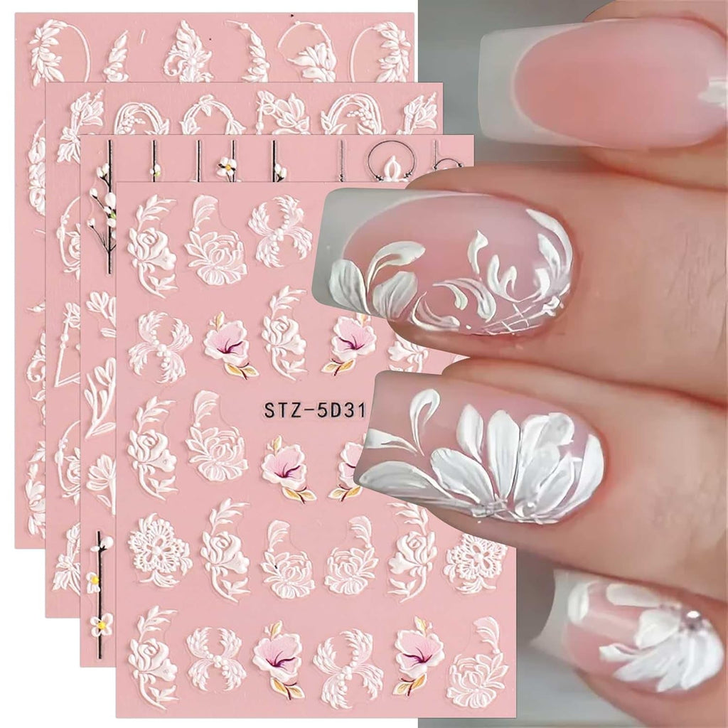 4 Blatt 3D Nagelsticker Frühling Blume Nagelaufkleber 5D Stereoskopisch Selbstklebend Nail Art Sticker Dekoration Nageldesign Zubehör