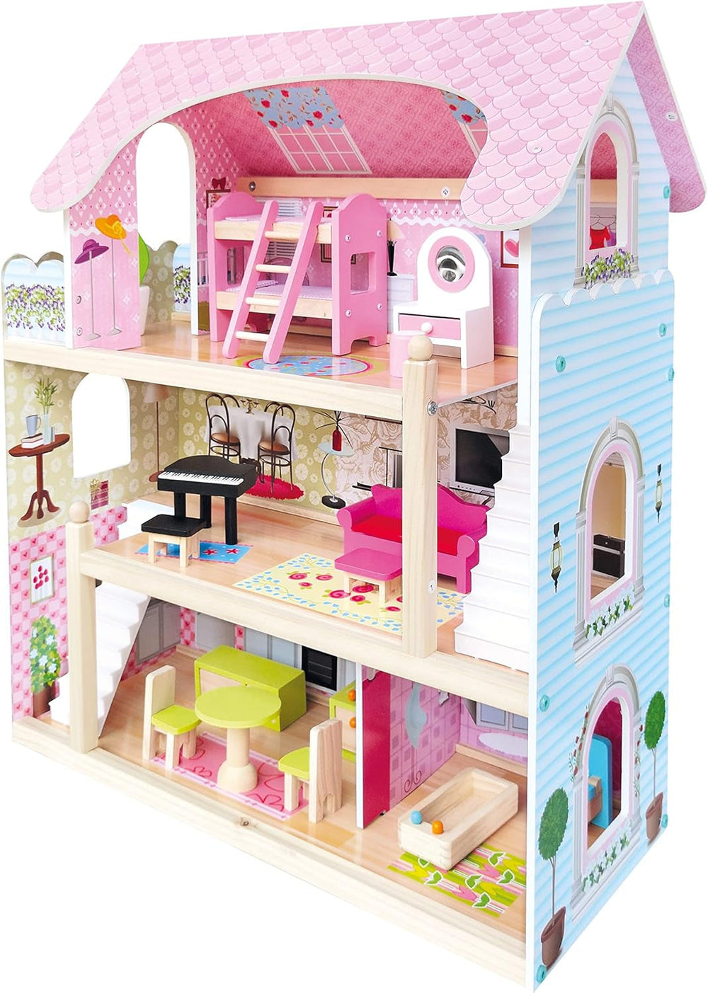 Bino World of Toys Dollhouse with balcony, Toy for toddlers from 3 years old, with 3 floors, stairs, 4 rooms and balcony incl. 15-TLG. Accessories, To promote children's skills, Pink design Naty Shop dollhouses