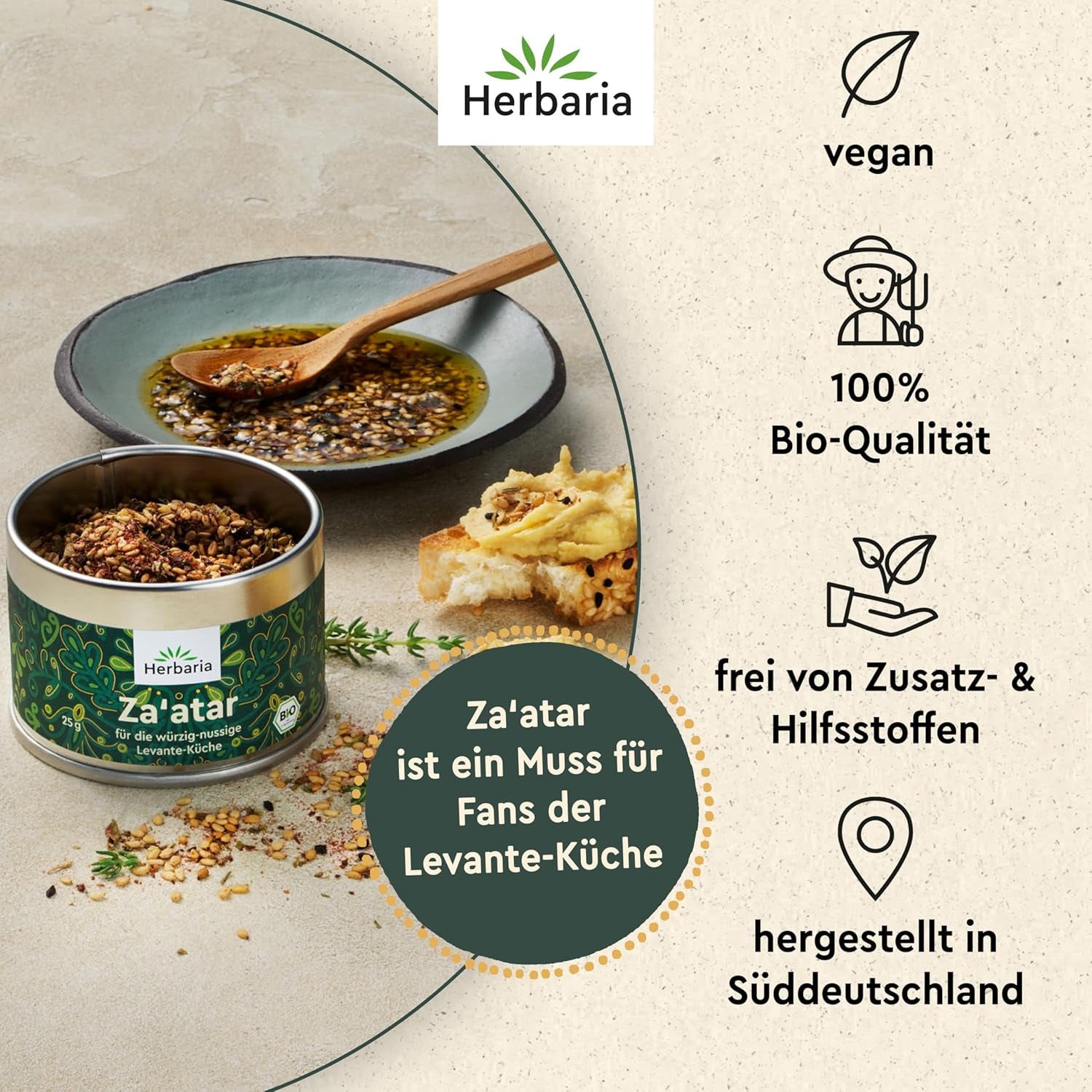 Herbaria Za'atar bio 25g S-Dose – Zaatar Gewürz, Zaatar Gewürz - oriental Organic-Gewürmischung für Gerichte der Levante Küche - mit erlesenen Ingredient - in nachhaltiger Aromaschutz-Dose