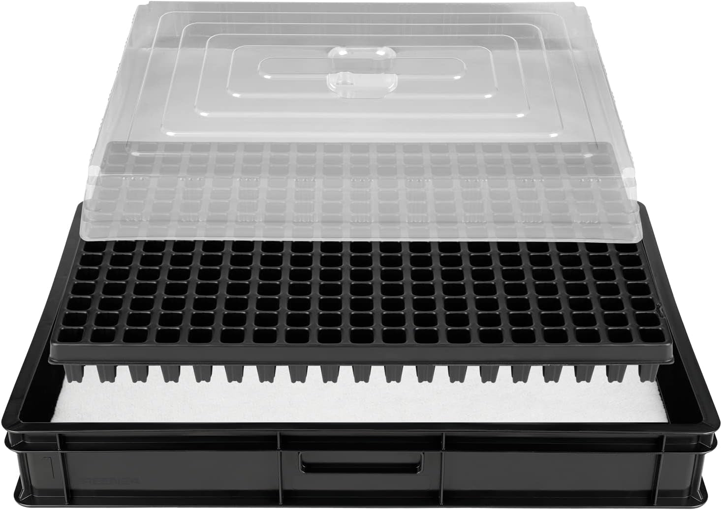 GW-285 Propagation System consisting of GW657 professional water tray, matching capillary mat (water absorption 3L per sq m) and pot tray with 285 pots (23x23mm, 54mm height) in Euro size (600x400mm)