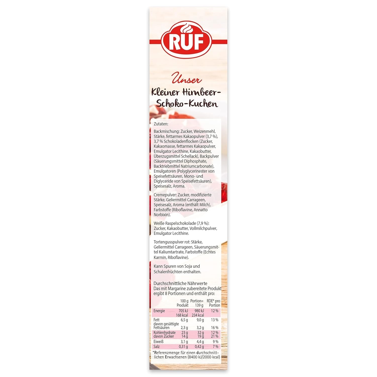 RUF Kleiner Himbeer-Schokokuchen, Mini-Kuchen Mit Feiner Puddingcreme, Himbeeren Und Weißen Schokoraspeln, Inkl. Backform, 1X252G Mixture for baking and cooking Naty Shop