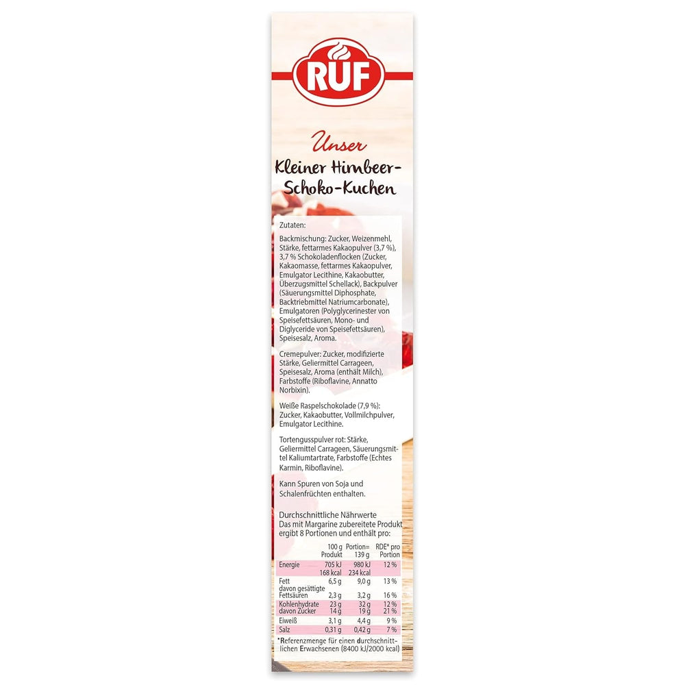 RUF Kleiner Himbeer-Schokokuchen, Mini-Kuchen Mit Feiner Puddingcreme, Himbeeren Und Weißen Schokoraspeln, Inkl. Backform, 1X252G Mixture for baking and cooking Naty Shop