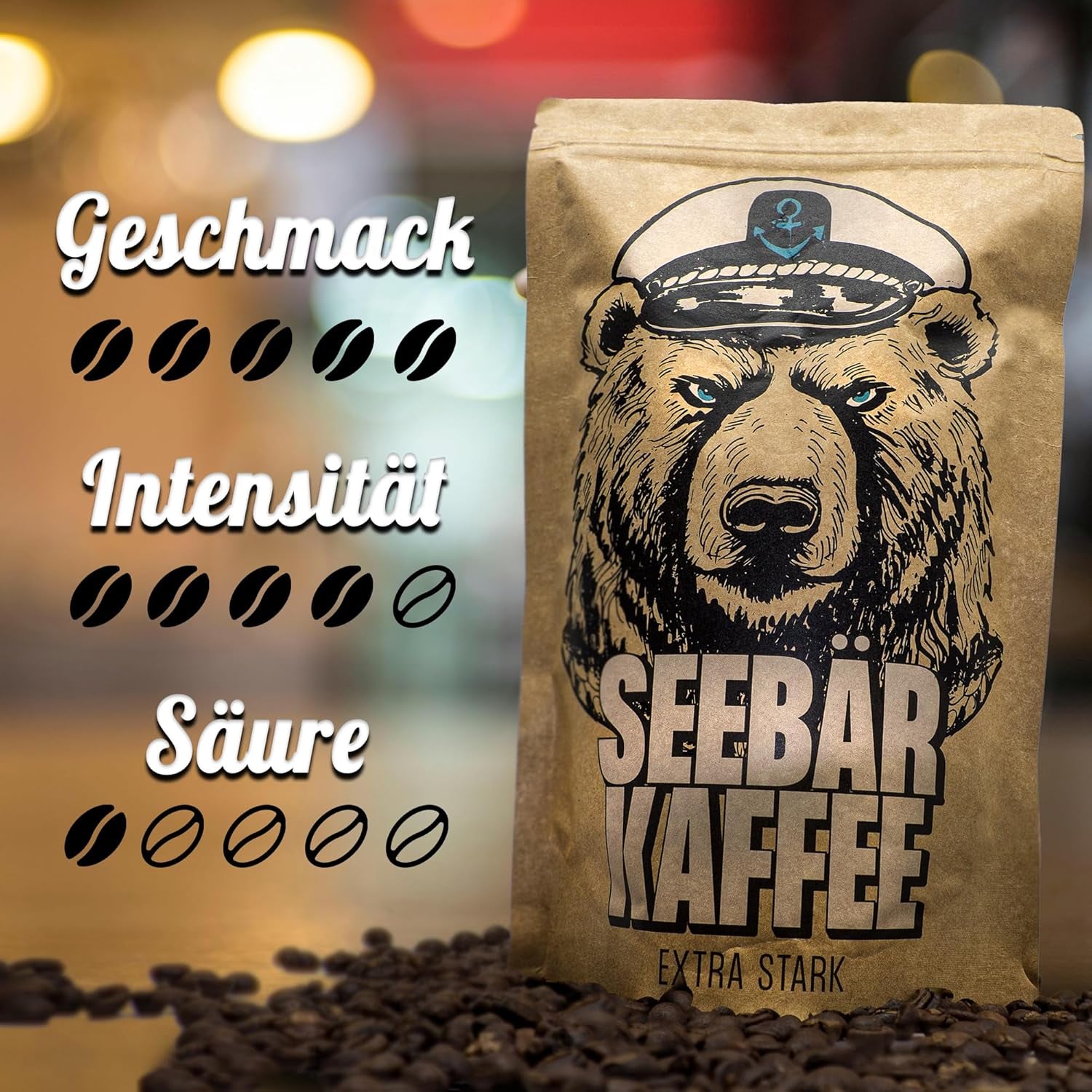 SEEBÄR COFFEE - Boabe de cafea extra tari - 500g - Aciditate scăzută și aromă intensă - Boabe întregi pentru aparate de cafea complet automate, espresso și French press - Conținut ridicat de cafeină și aciditate scăzută
