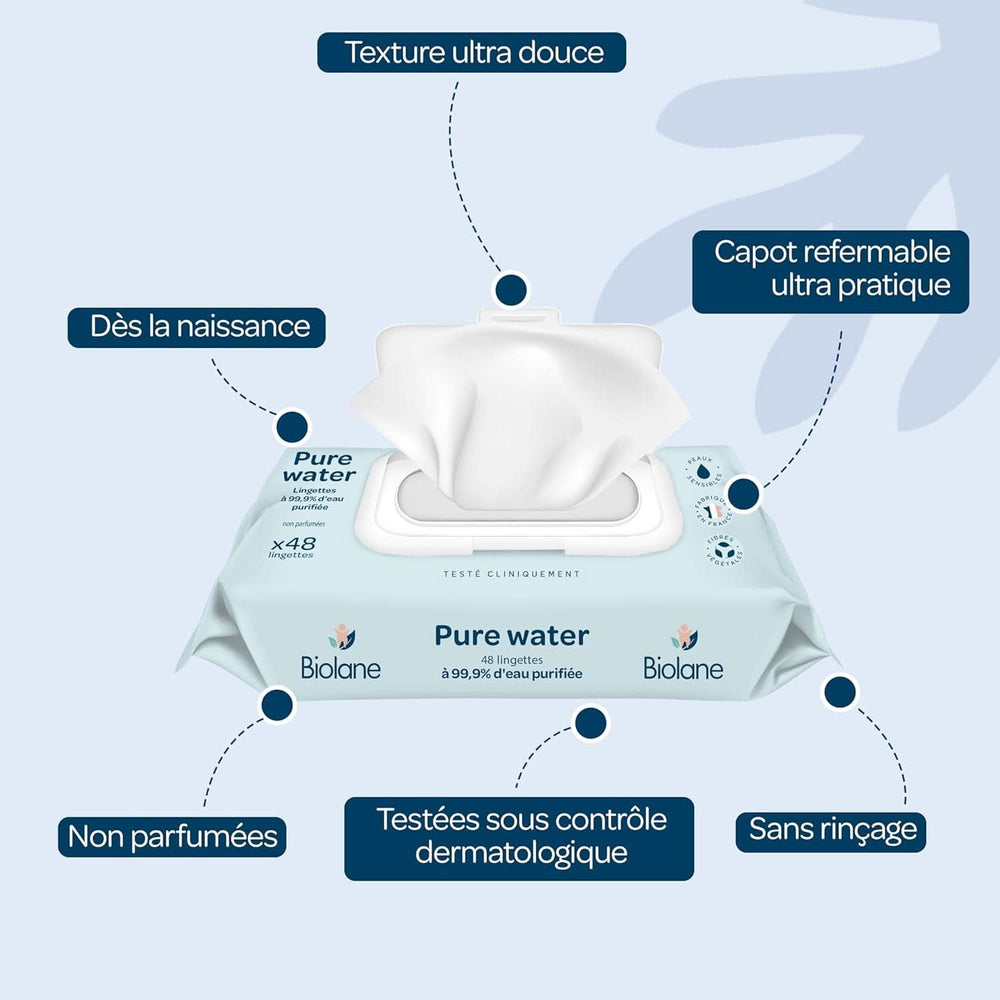 Cleaning wipes for babies BIOLANE Pure water - For sensitive skin - From birth Baby Wet Wipes Naty Shop