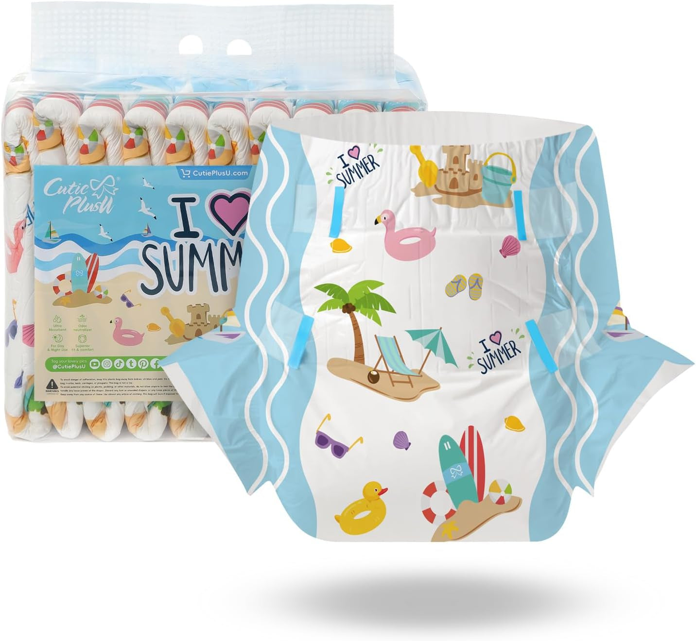 CutiePlusU Adult Diapers, 10 Pack, Disposable Sheet Diapers for Women and Men, Maximum Absorbency Overnight - I Love Summer (Medium Size 71-96cm)
