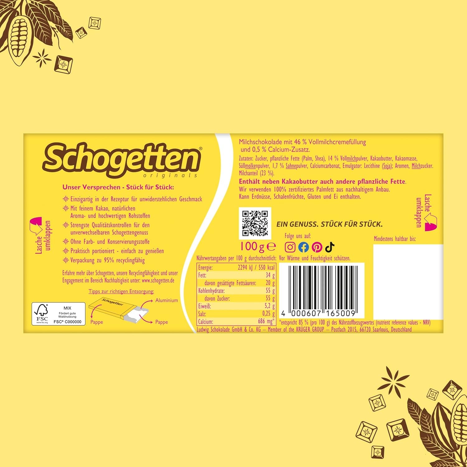 Schogetten for children, chocolate bar 100g, milk chocolate with creamy milk filling, conveniently portioned. A delicacy. Piece by piece.