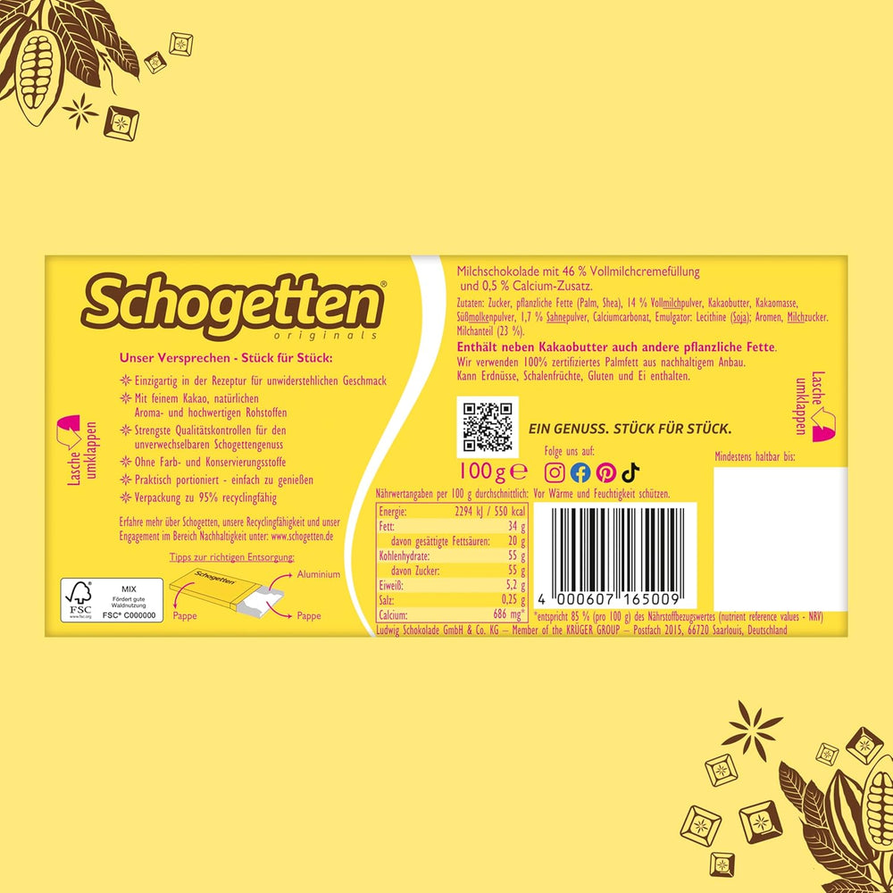 Schogetten for children, chocolate bar 100g, milk chocolate with creamy milk filling, conveniently portioned. A delicacy. Piece by piece.