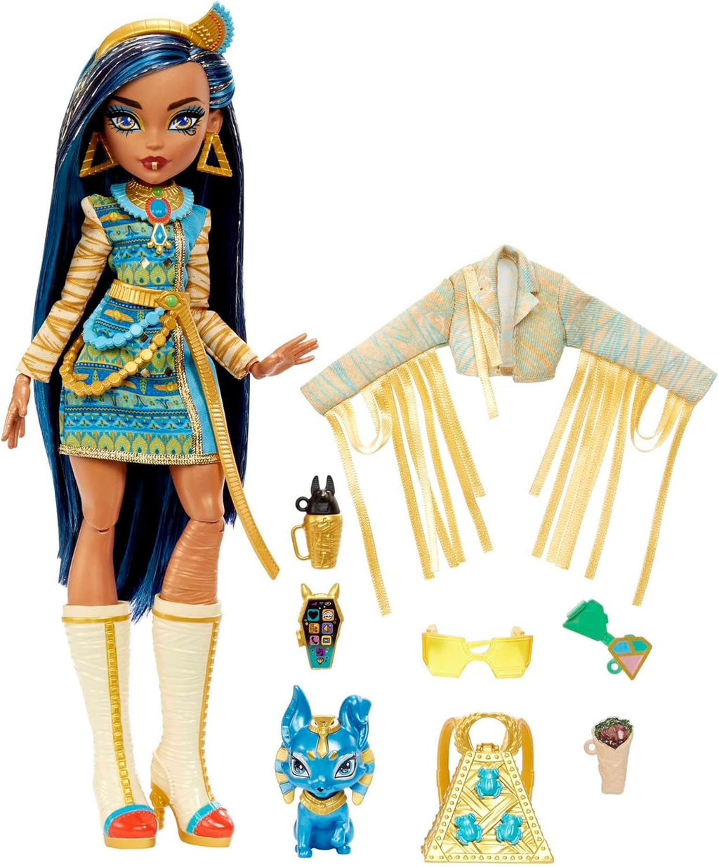 Păpușă Monster High Cleo De Nile în bluză aurie și fustă stratificată, include animal de companie Cobra Hissette și accesorii precum rucsac, gustare și rolă de hârtie, HXH74 Papusi Naty Shop Mummie păpușă de modă
