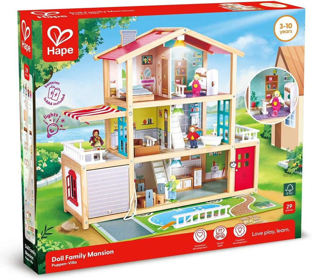 Casă de păpuși Hape Doll's Villa din lemn cu 10 camere, joc de rol creativ, inclusiv mobilier și accesorii, jucărie educativă, pentru copii de la 3 ani în sus