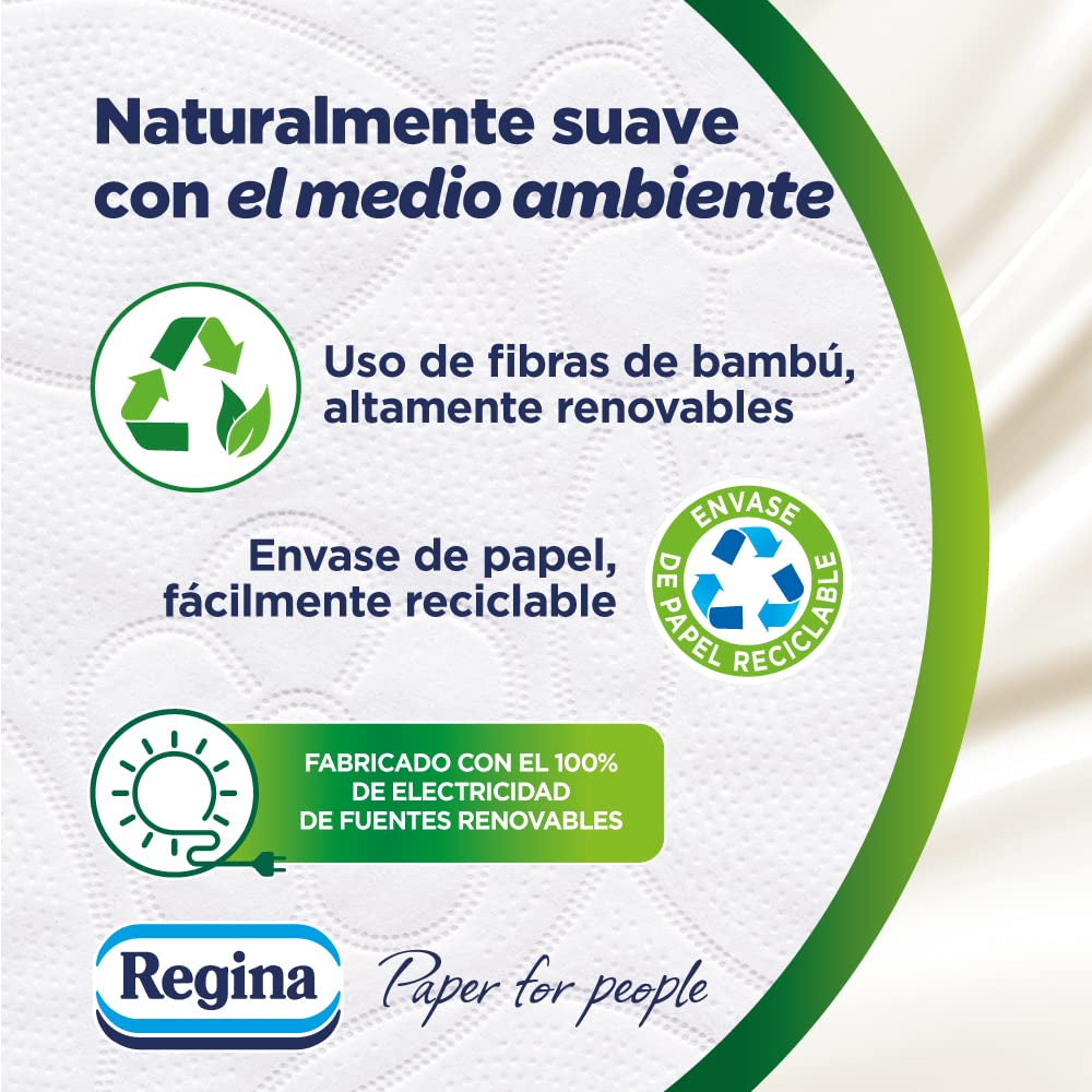 Hârtie igienică Regina Soft din bambus, 8 role, 3 straturi, 160 foi, Moliciune naturală pentru pielea ta, Hârtie igienică din fibre de bambus, Ambalaje din hârtie, Certificat Fsc