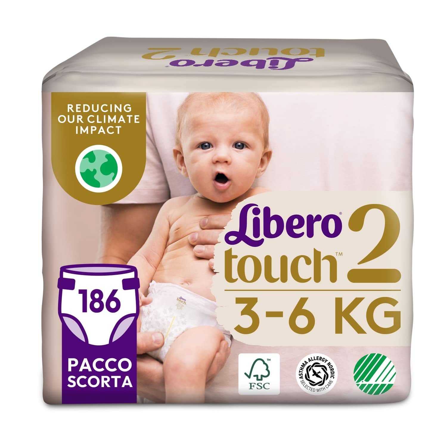 Libero, Scutece Touch Open pentru copii, 186 scutece Mărimea 2 pentru copii de la 3-6 Kg, 3 pachete de 62 scutece de unică folosință Mama si Copilul Naty Shop