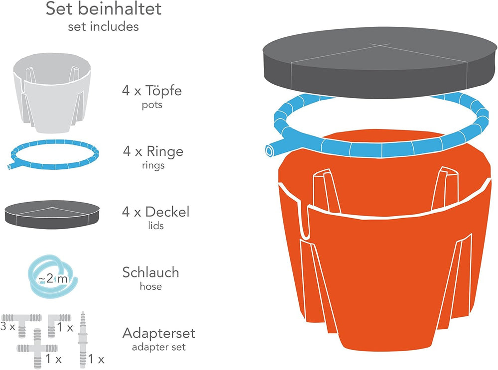 Hydro Farmer, 19-piece pot set Ø 18 cm (green), growing system including 4 pots, 4 watering rings, 4 lids, adapter set and 2 m hose, hydroponics, aeroponics