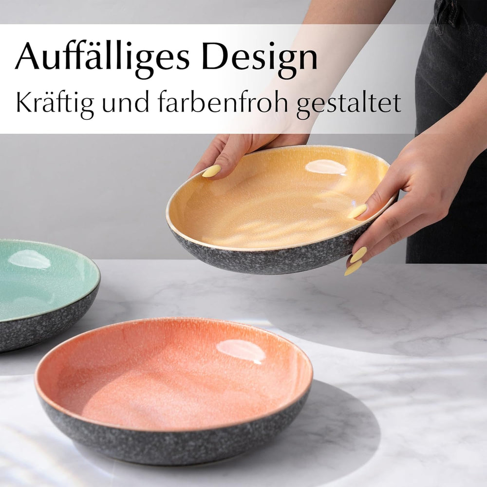 MIAMIO - Farfurii de masă, set de 6 (850 ml) / Farfurii mari și adânci pentru paste, set de farfurii pentru 6 persoane, bol de salată ceramic / Se poate spăla în mașina de spălat vase și în cuptorul cu microunde - Colecția Las Palmitas