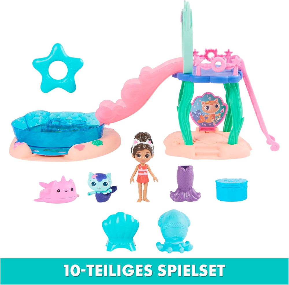 Casa de păpuși a lui Gabby, set de joacă Purific Pool Party cu figurine Gabby și Meerkat și cameră Deluxe, copt cu Cakey, bucătărie cu Kuchi (ENGL. Cakey)