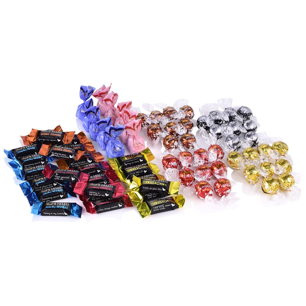 Chocolate assortment (37 LINDOR balls, 24 Hello Mini sticks, 10 Mini Fioretto), chocolate gift (1 x 815 g) and HELLO Mini Emoti, milk chocolate in 5 emoticon designs, 164 g
